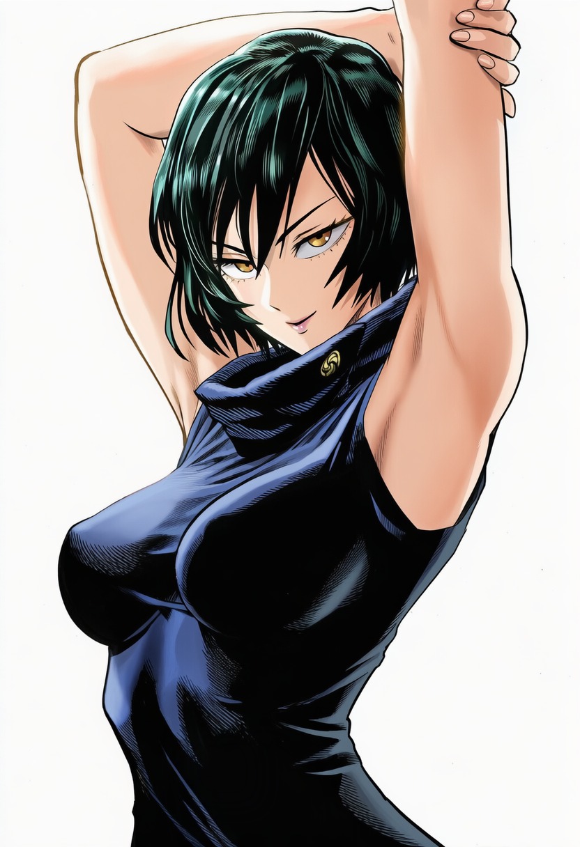 1girls, ai generated, arm, armpit fetish, armpit pose, armpits, arms up, black hair, breasts, busty, clothing, covered erect nipples, curvaceous, curvy, curvy figure, dress, erect nipples under clothes, female, female focus, female only, fetish, green hair, high resolution, highres, jujutsu kaisen, large breasts, light skin, light-skinned female, looking at viewer, manga style, medium breasts, murata yuusuke (style), nipple bulge, perky breasts, shiny, shiny clothes, shiny hair, shiny skin, short hair, simple background, sleeveless, sleeveless dress, smile, smooth armpits, solo, solo focus, standing, three-quarter view, turtleneck dress, upper body, white background, yellow eyes, zenin mai