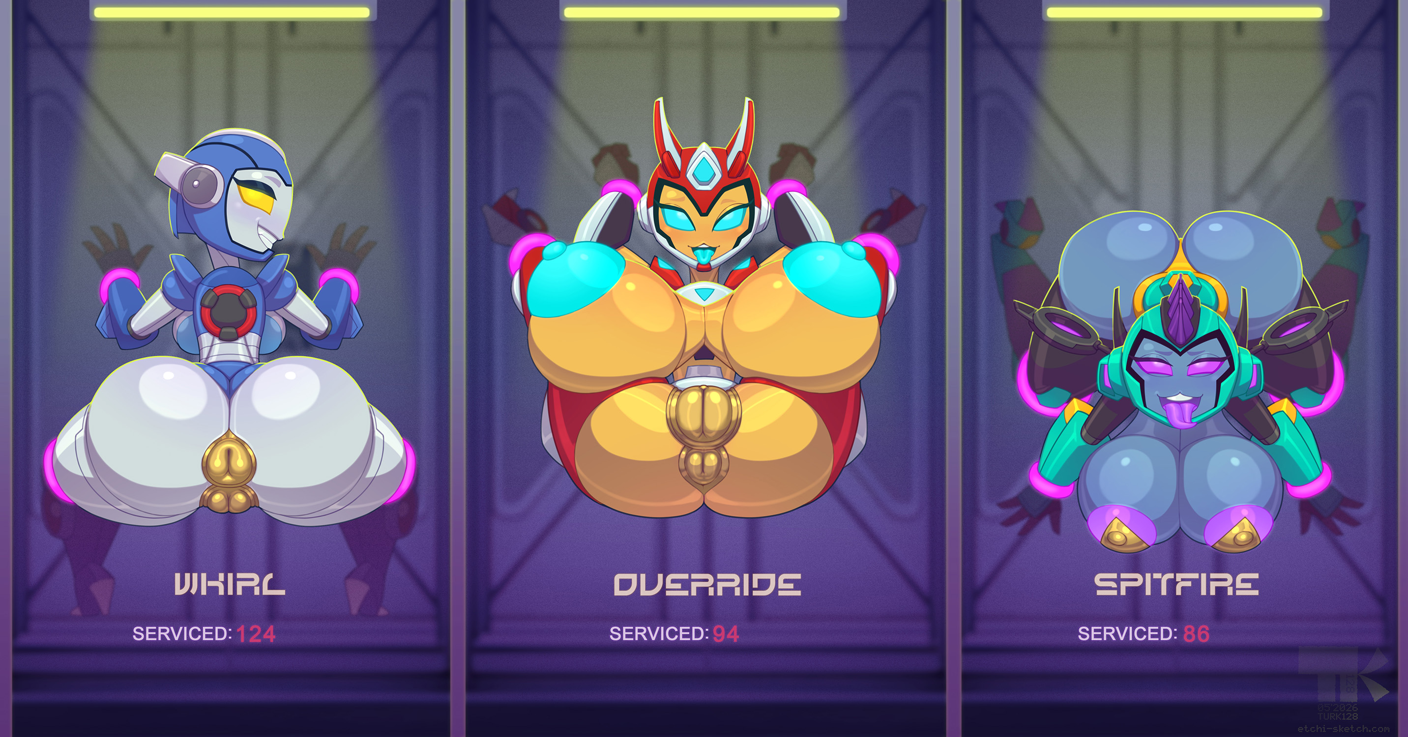 3girls, accessory, anal, anthro, areolae, bondage, female, female only, glory wall, hasbro, hi res, huge ass, huge breasts, humanoid, jewelry, looking at viewer, machine, nipples, override, pasties, prostitution, pussy, pussy pasty, restrained, robot, robot girl, smile, spitfire (transformers), spread legs, spreading, straight, stuck in wall, thick thighs, tongue, tongue out, transformers, turk128, wall, whirl (transformers), wide hips
