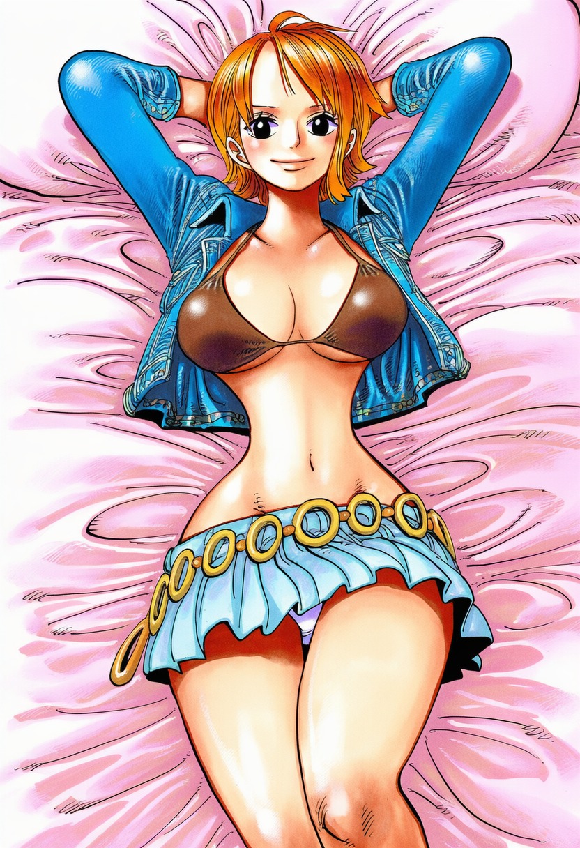 1girls, accurate art style, accurate body type, ai generated, arm, arms behind head, arms up, bed, bed sheet, belt, bikini, bikini top, bikini top only, black eyes, blue jacket, blue skirt, blush, bra, breasts, busty, cleavage, clothing, curvaceous, curvy, curvy figure, denim, denim jacket, eiichiro oda style, feet out of frame, female, female focus, female only, from above, groin, high resolution, highres, hourglass figure, jacket, large breasts, light skin, light-skinned female, linea alba, long sleeves, looking at viewer, looking up, looking up at viewer, lying, manga style, microskirt, midriff, miniskirt, nami (one piece), navel, official style, on back, on bed, one piece, open clothes, open jacket, orange hair, orange-haired female, panchira, pantsu, pillow, pleated skirt, rings, shiny, shiny clothes, shiny hair, shiny skin, short hair, skirt, slender waist, smile, solo, solo focus, swimsuit, thighs, underboob, underwear, viewed from above, white panties, white underwear, wide hips