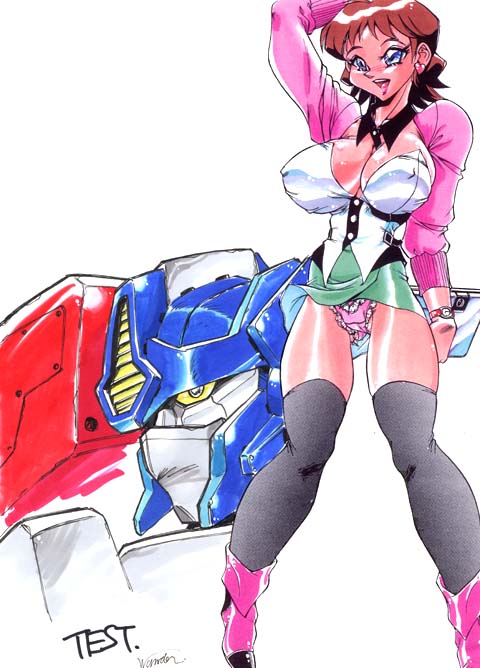 1boy 1girls alexis_thi_dang breasts erect_nipples female huge_breasts male male_with_female nipple_bulge nipples optimus_prime panties simple_background transformers transformers_armada white_background