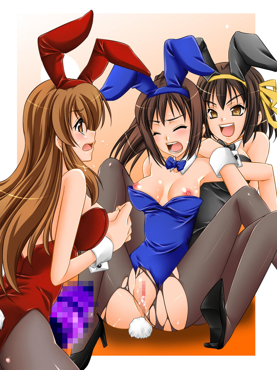 3girls asahina_mikuru bowtie bunny_costume bunny_ears bunny_tail bunnygirl bunnysuit detached_collar kyon kyonko multiple_girls pantyhose rule_63 suzumiya_haruhi suzumiya_haruhi_no_yuuutsu