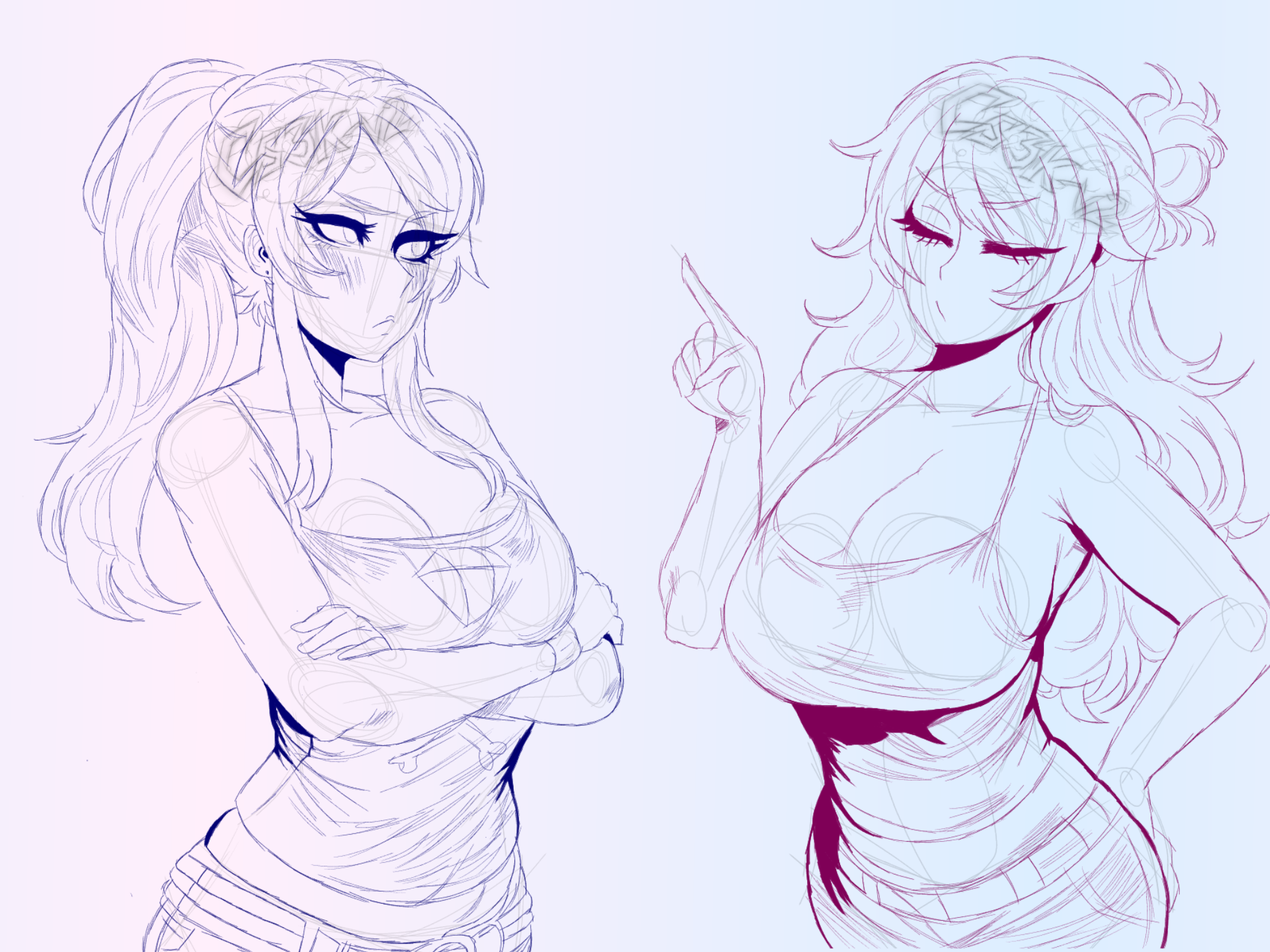 2girls, annoyed expression, annoyed female, arms crossed, bimbo, class of '09, cs3kv2, hips, jecka (class of '09), large breasts, medium breasts, nicole (class of '09), side view, sketch, teenage girl, wide