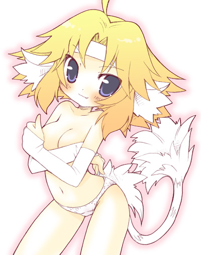 animal_ear blonde_hair blue_eyes blush breast_hold breasts cleavage covering cute_fang elbow_gloves gloves gust mana_khemia nicole_mimi_tithel panties short_hair tail topless underwear white_panties