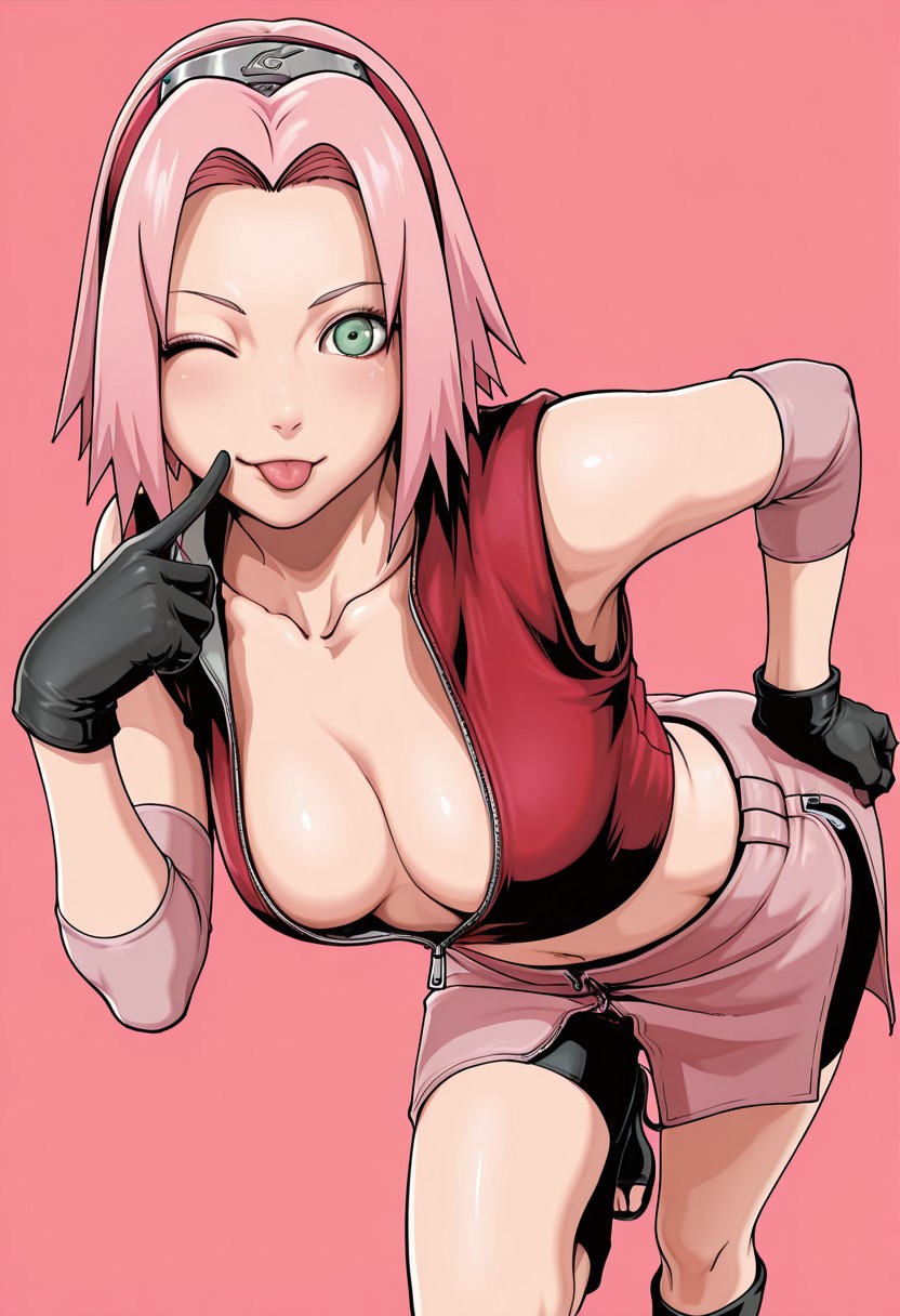 1girls, ai generated, cleavage, female, female only, green eyes, naruto (series), pink hair, sakura haruno, short hair, solo, solo female, tagme