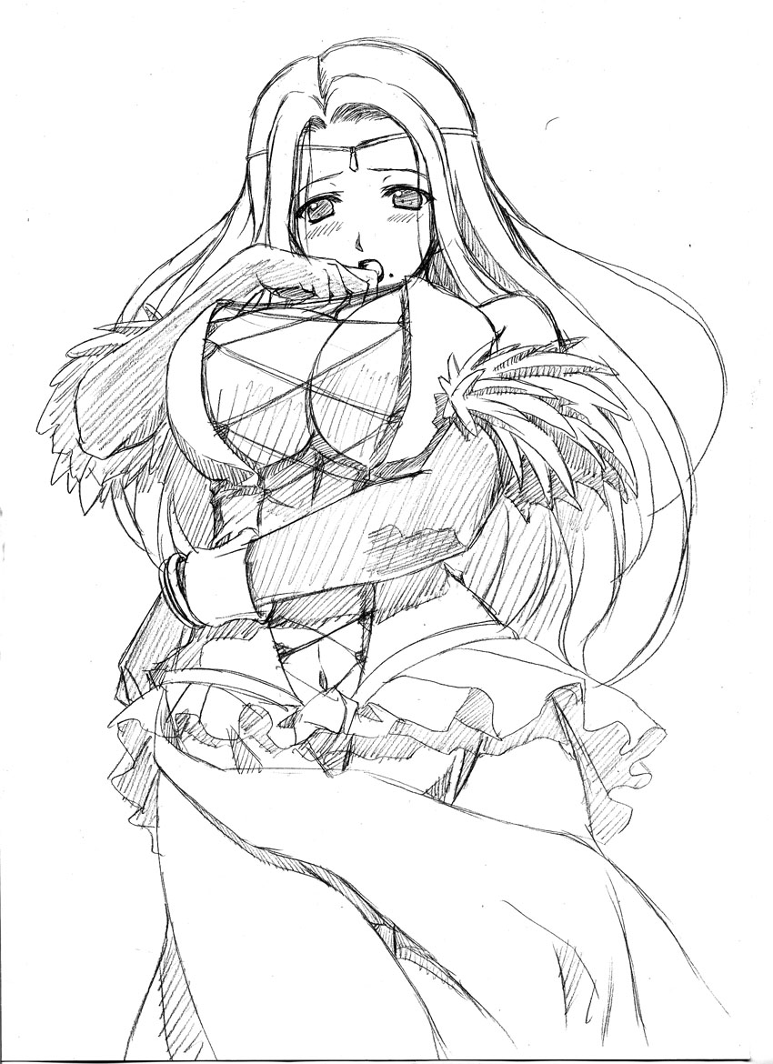 1girls ar_tonelico ar_tonelico_i blush breasts claire_branch cleavage clothing female gust large_breasts long_hair mole mole_under_mouth monochrome navel nipples sketch solo