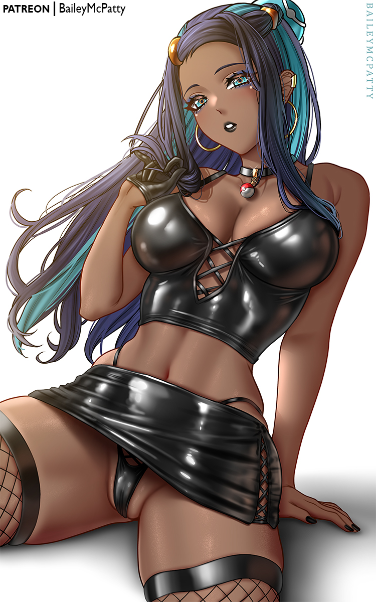 1girl, alternate costume, artist name, baileymcpatty, black collar, black gloves, black hair, black nails, black panties, black skirt, black vest, blue eyes, blue eyeshadow, breasts, collar, dark skin, dark-skinned female, earclip, earrings, eyelashes, eyeshadow, fishnet thighhighs, fishnets, gloves, goth, goth girl, hand up, highres, hoop earrings, jewelry, large breasts, leaning back, long hair, makeup, miniskirt, multicolored hair, nail polish, navel, nessa (pokemon), panties, pokemon, pokemon sword and shield, sidelocks, single glove, sitting, skirt, solo, thighhighs, two-tone hair, underwear, vest, white background