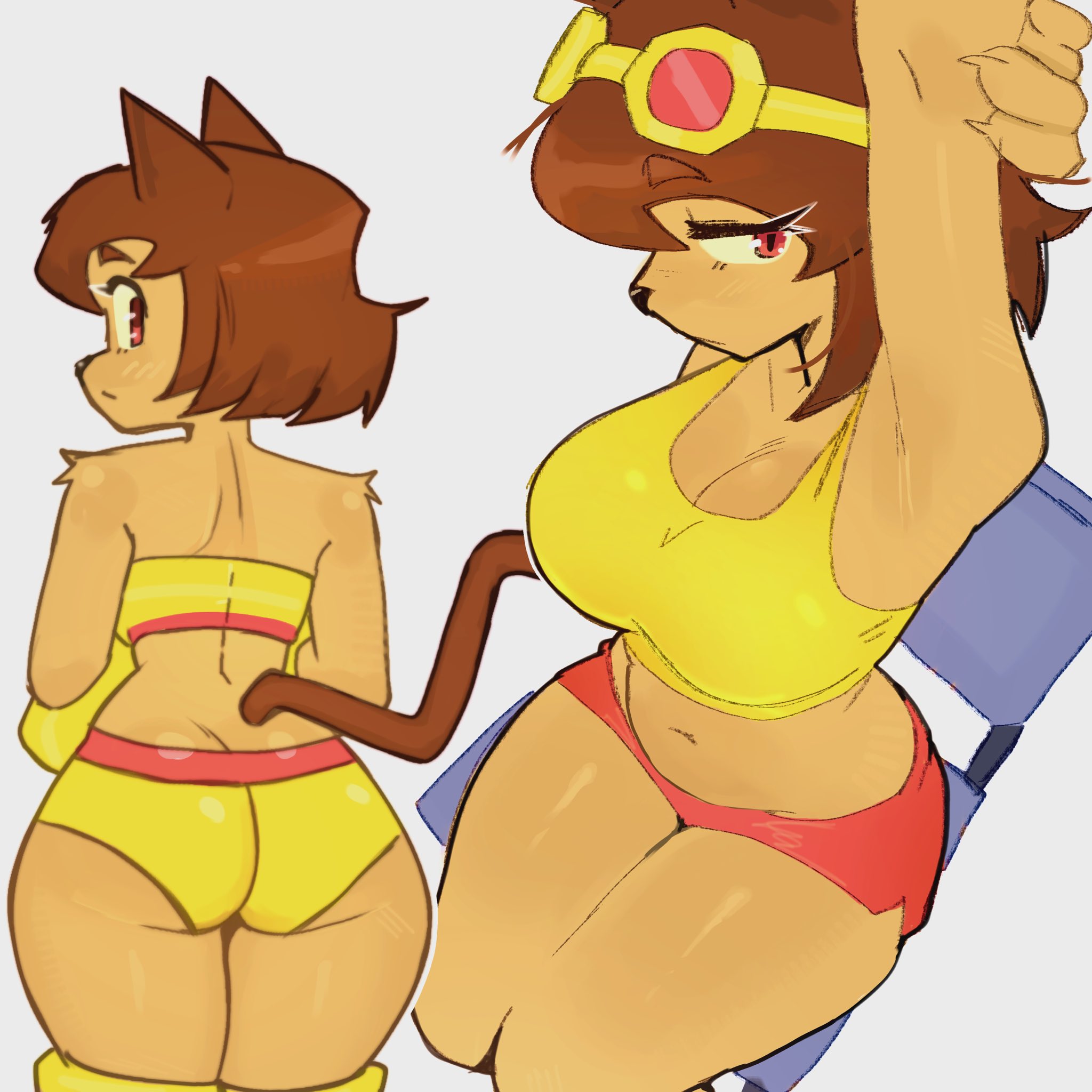 ass, ass print, bat bad, belly, big ass, big breasts, brown hair, cat ears, cat girl, cat tail, chair, furry, furry female, gameoverse, goggles, goggles on head, huge breasts, kit (gameoverse), kit bodega, looking back, looking to the side, short shorts, shorts, solo, stretching, swimsuit, tail, tummy, yellow swimsuit