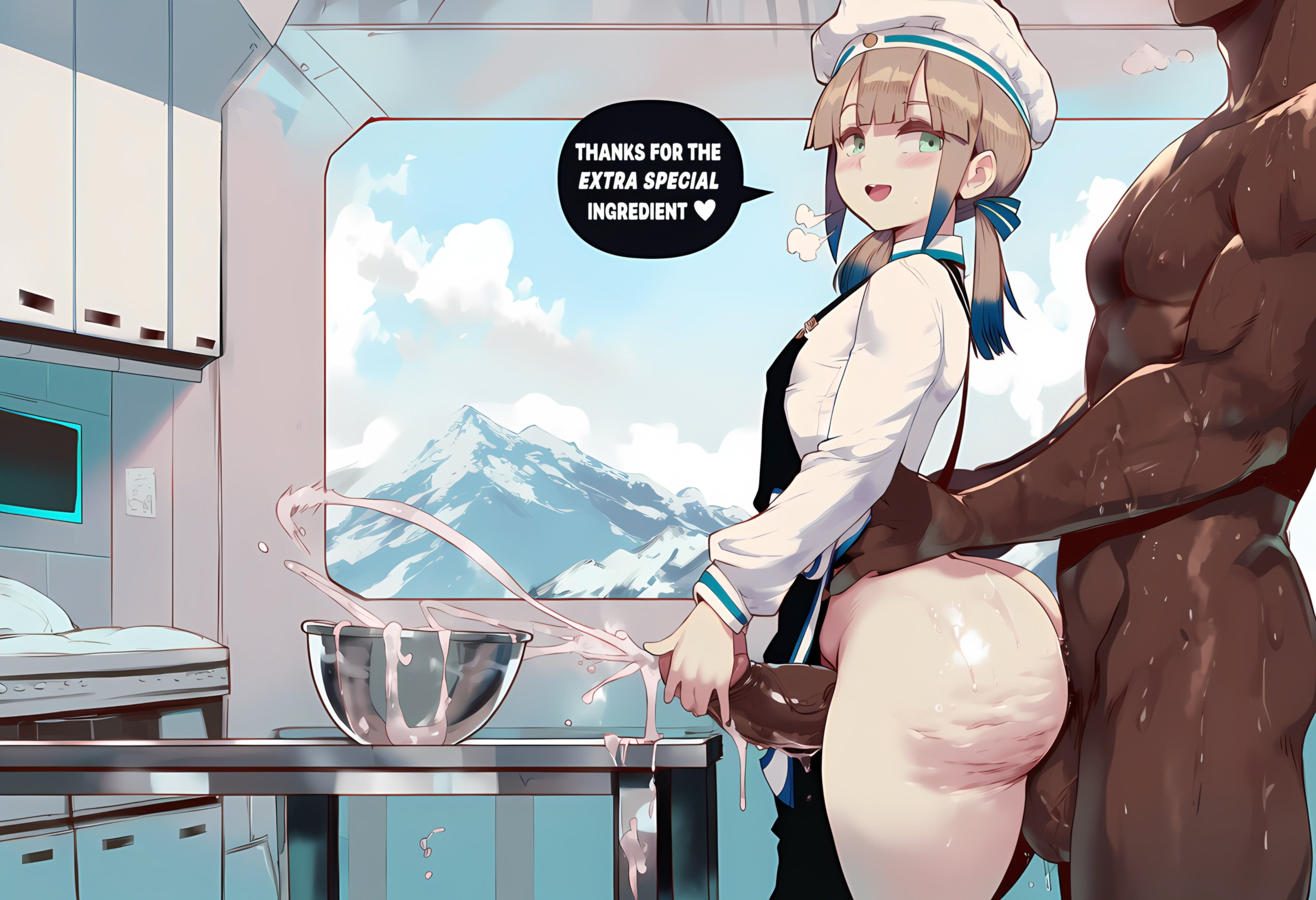 2boys, ai generated, baker nemo (fate), cellulite, cumming, dark-skinned male, fate (series), fate/grand order, femboy, gay, gay sex, genlation, light-skinned male, nemo (fate), tagme, thigh job, thigh sex, yaoi