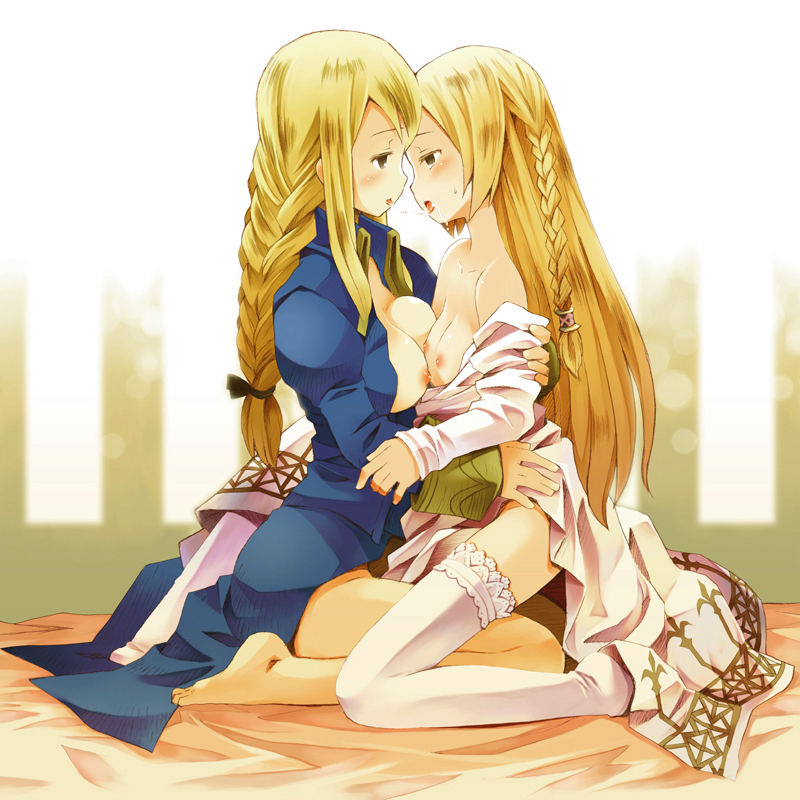 2girls agrias_oaks b.tarou barefoot blonde_hair blush braid breasts female final_fantasy final_fantasy_tactics final_fantasy_tactics_(original) flat_chest french_kiss frottage hug kissing long_hair multiple_girls mutual_yuri nipples open_clothes ovelia_atkascha partially_clothed profile robe saliva saliva_trail thighhighs yuri