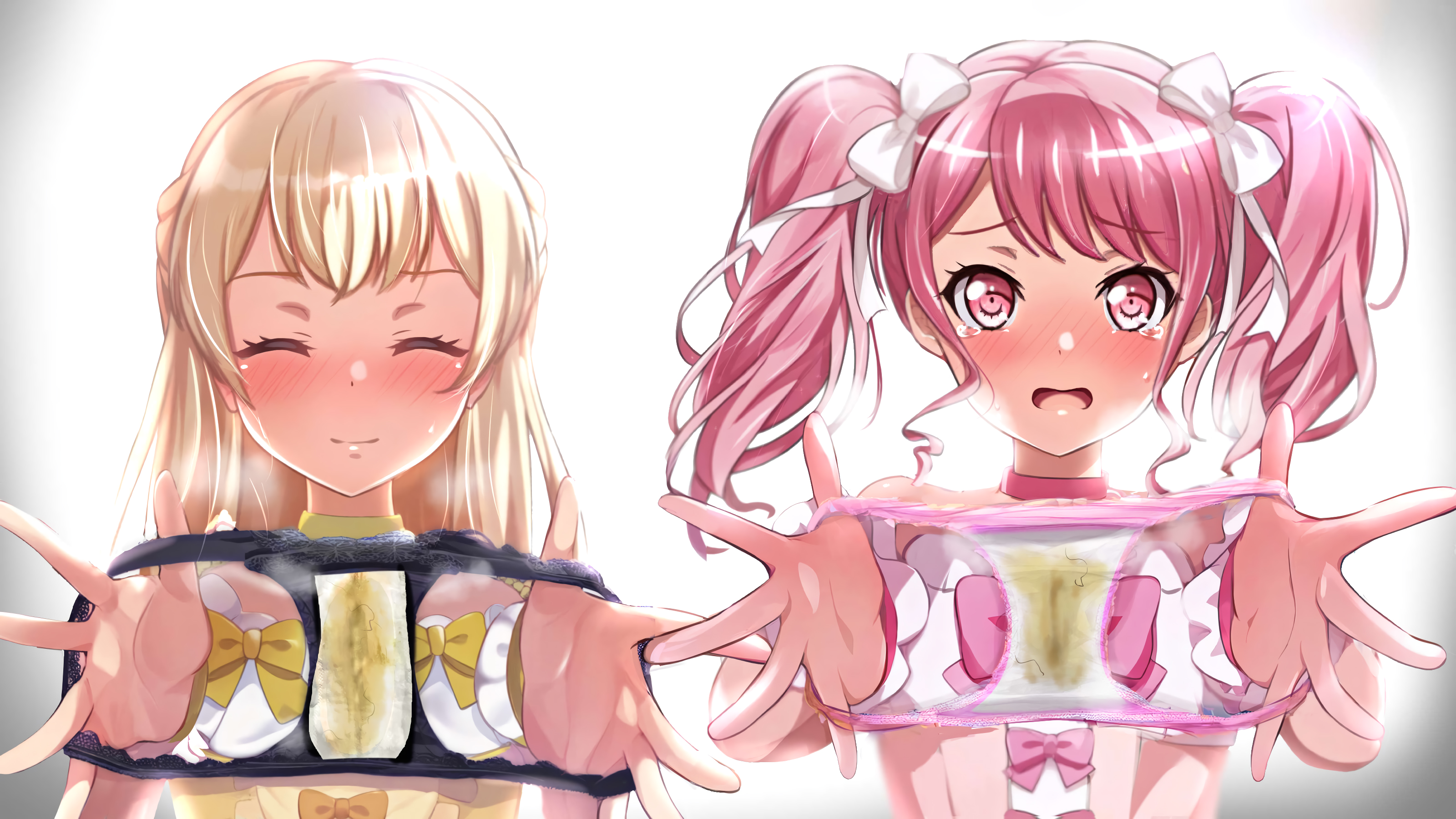 16:9, 2girls, bang dream!, bare shoulders, black panties, black underwear, blonde hair, blush, bow, choker, closed eyes, closed mouth, clothed, dirty panties, double-parted bangs, dress, dress bow, ears, eyebrows visible through hair, female, female focus, female only, frilled dress, frilled wrist cuffs, hair bow, half updo, holding panties, lace panties, lace-trimmed panties, landscape, layered dress, lolita fashion, long hair, maruyama aya, menstrual pad, multicolored dress, open mouth, panties, panties removed, pink choker, pink dress, pink eyes, pink hair, pink panties, pink underwear, shirasagi chisato, shiriso, showing panties, simple background, standing, steam, steamy, steamy breath, strapless, strapless dress, stray pubic hair, tears, tongue, twintails, two-tone dress, underwear, unworn panties, upper body, upper body only, very high resolution, vignetting, white background, white dress, wrist cuffs, yellow choker, yellow dress
