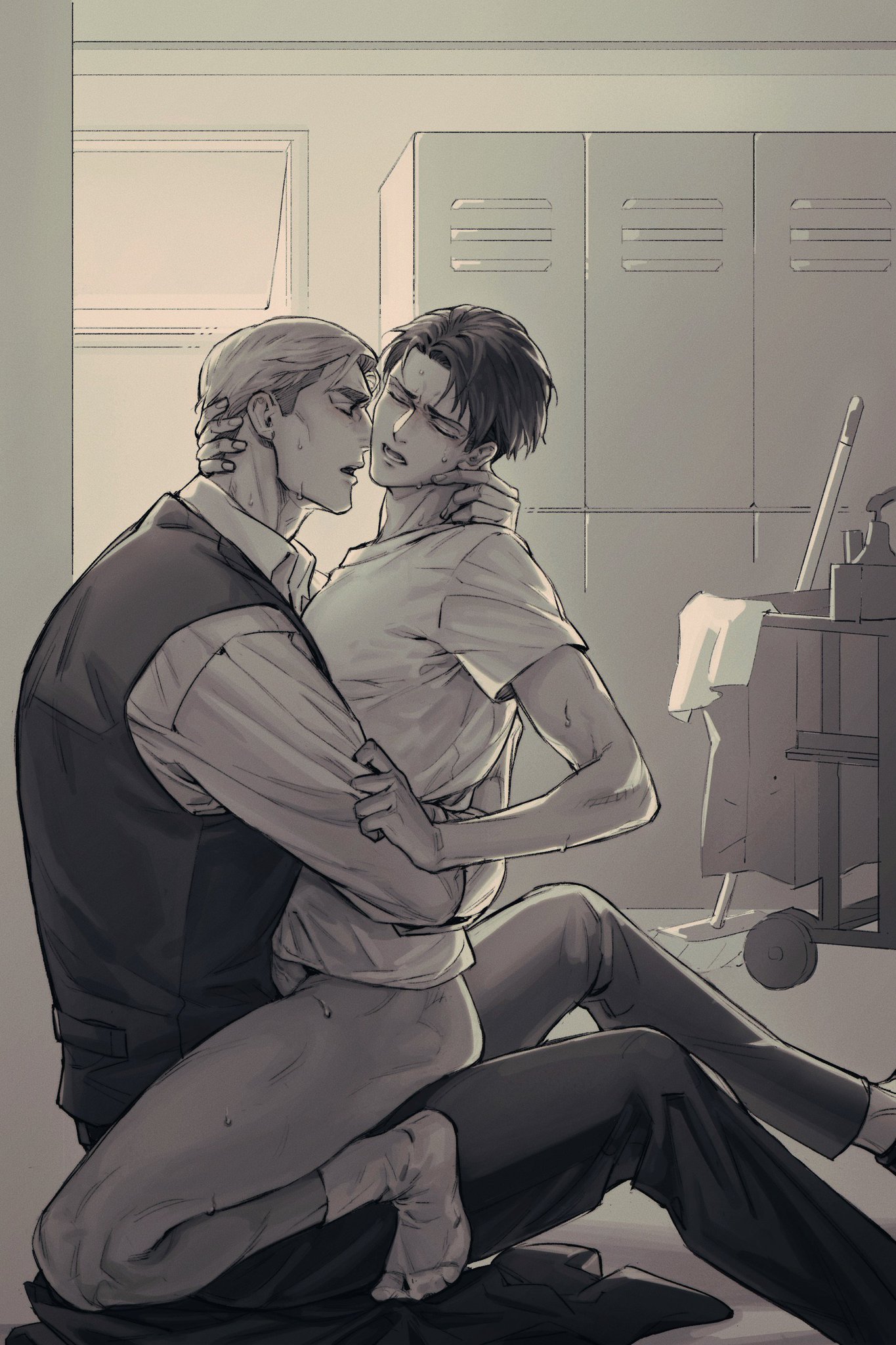2boys, alternate universe, attack on titan, bare thighs, barely visible genitalia, barely visible penis, chiamo, clothing, erwin smith, gay, levi, levi ackerman, male, male only, male/male, on lap, penis, shingeki no kyojin, sitting on lap, socks, sweat, sweatdrop, yaoi