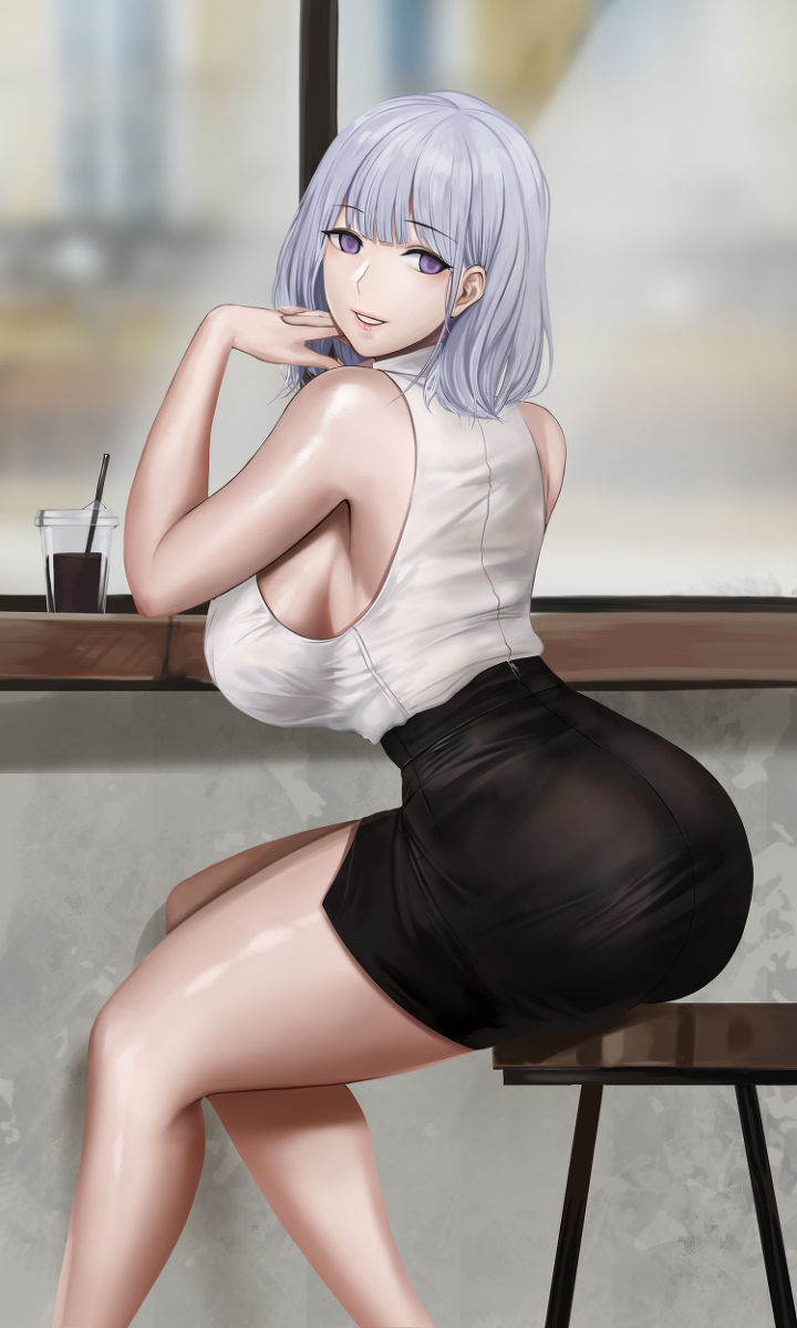 gcg girls'_frontline huge_ass huge_breasts looking_at_viewer restaurant rpk-16_(girls'_frontline) sideboob