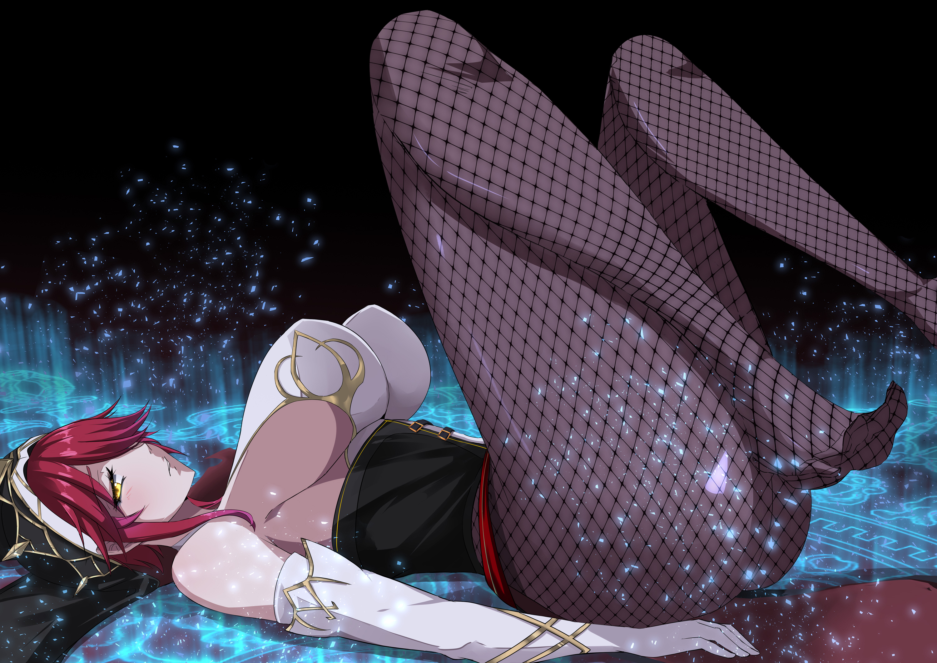 1girls, breasts, female, female only, fishnet stockings, fishnets, genshin impact, highres, huge breasts, human, legs, lying, nun, on back, red hair, rosaria (genshin impact), sideboob, thick thighs, veil, yellow eyes