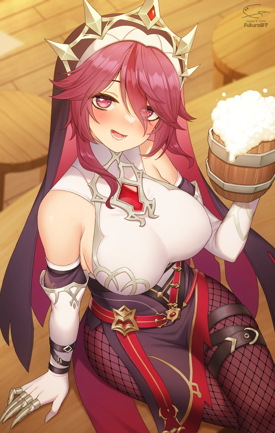 1girls, alcohol, beer, beer mug, big breasts, blush, breasts, drinking, drunk, female, female only, fishnet stockings, fishnets, fukuro ko (greentea), genshin impact, hi res, highres, looking at viewer, nun, rosaria (genshin impact), sitting, smile