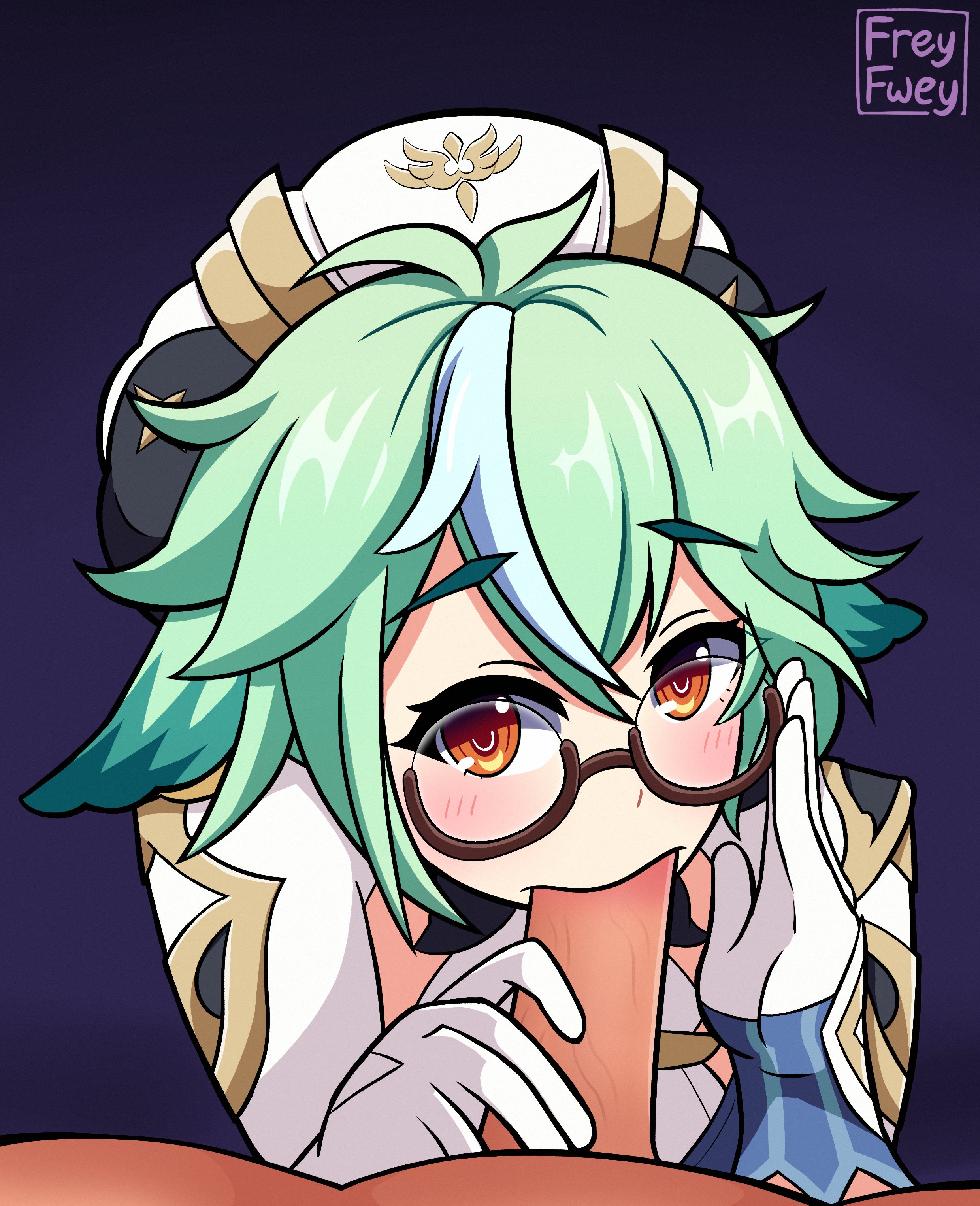 1boy, 1girls, animal ears, blush, clothed female nude male, eye contact, fellatio, female, frey fwey, genshin impact, glasses, green hair, looking at viewer, male, male pov, oral, pov, short hair, sucrose (genshin impact)