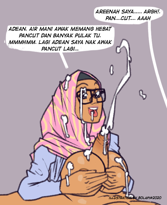 1boy, 1girls, bolapistarize, breasts, cum, cum on breasts, cum on clothes, cum on face, cum on tongue, ejaculation, female, glasses, hijab, human, large breasts, male, manual, outercourse, paizuri, tan skin, translated