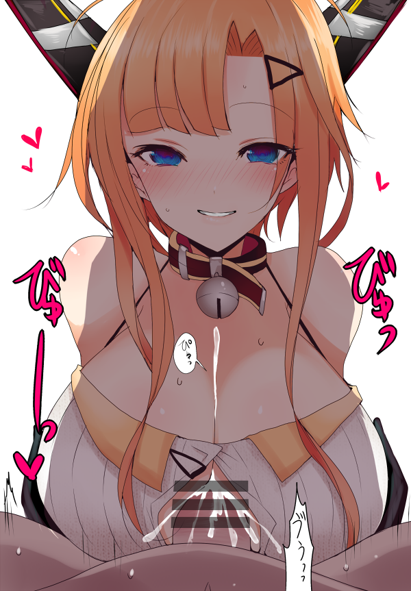 1boy 1girls azur_lane blush breasts cleavage_cutout clothing_cutout collar cum ejaculation female foxhound_(azur_lane) foxhound_(retrofit)_(azur_lane) grin han_(jackpot) large_breasts light-skinned_female light-skinned_male light_skin long_hair orange_hair paizuri paizuri_under_clothes parted_lips perpendicular_paizuri pov retrofit_(azur_lane) royal_navy_(azur_lane) smile straight sweat