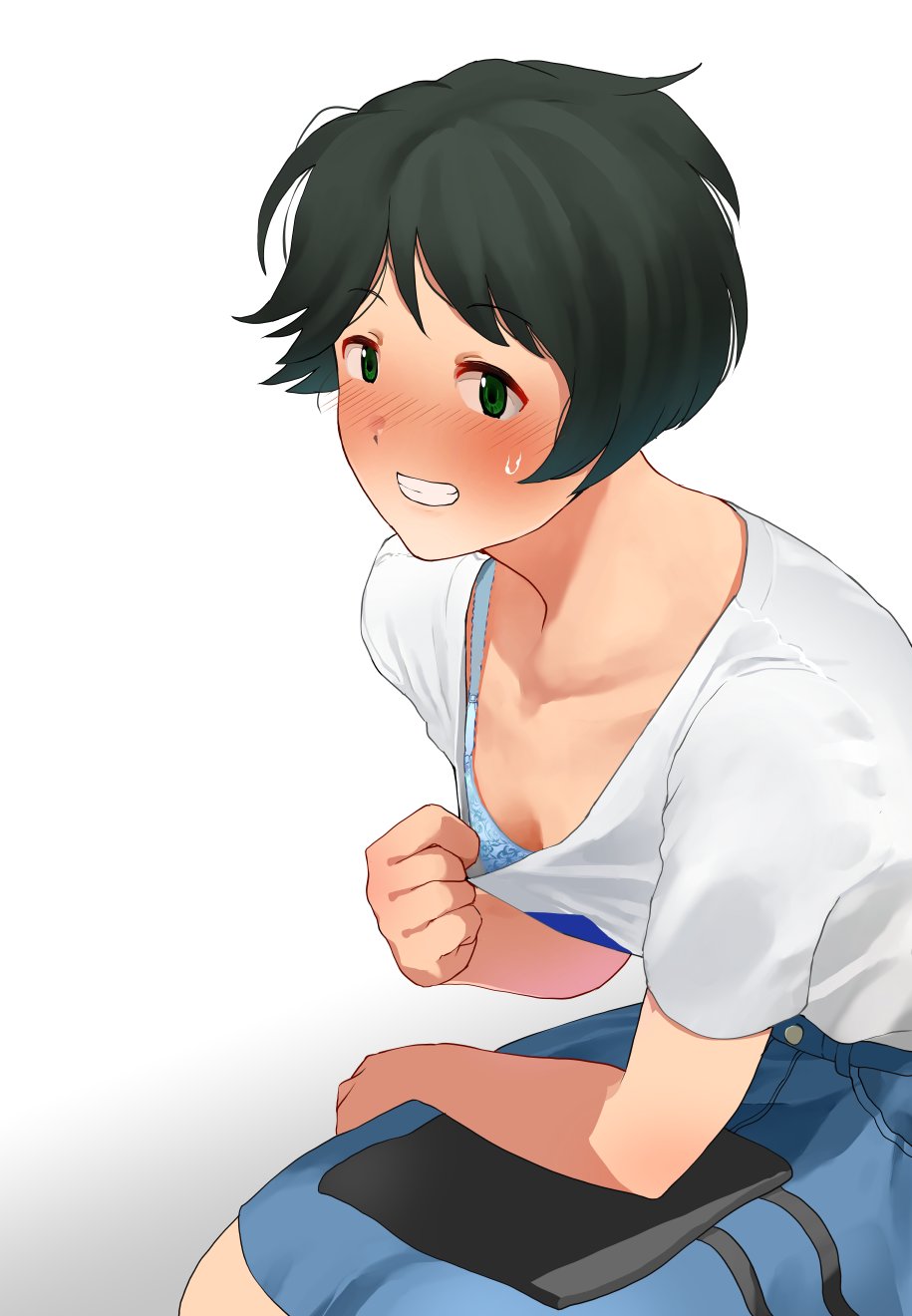 bangs black_hair blush bra breasts cowboy_shot denim denim_skirt embarrassed female gradient gradient_background green_eyes grin highres kantai_collection looking_at_viewer mogami_(kantai_collection) nose_blush official_alternate_costume shirt shirt_tug short_hair sitting skirt small_breasts smile solo swept_bangs t-shirt tooku_nomura_(artist) underwear white_background white_bra white_shirt