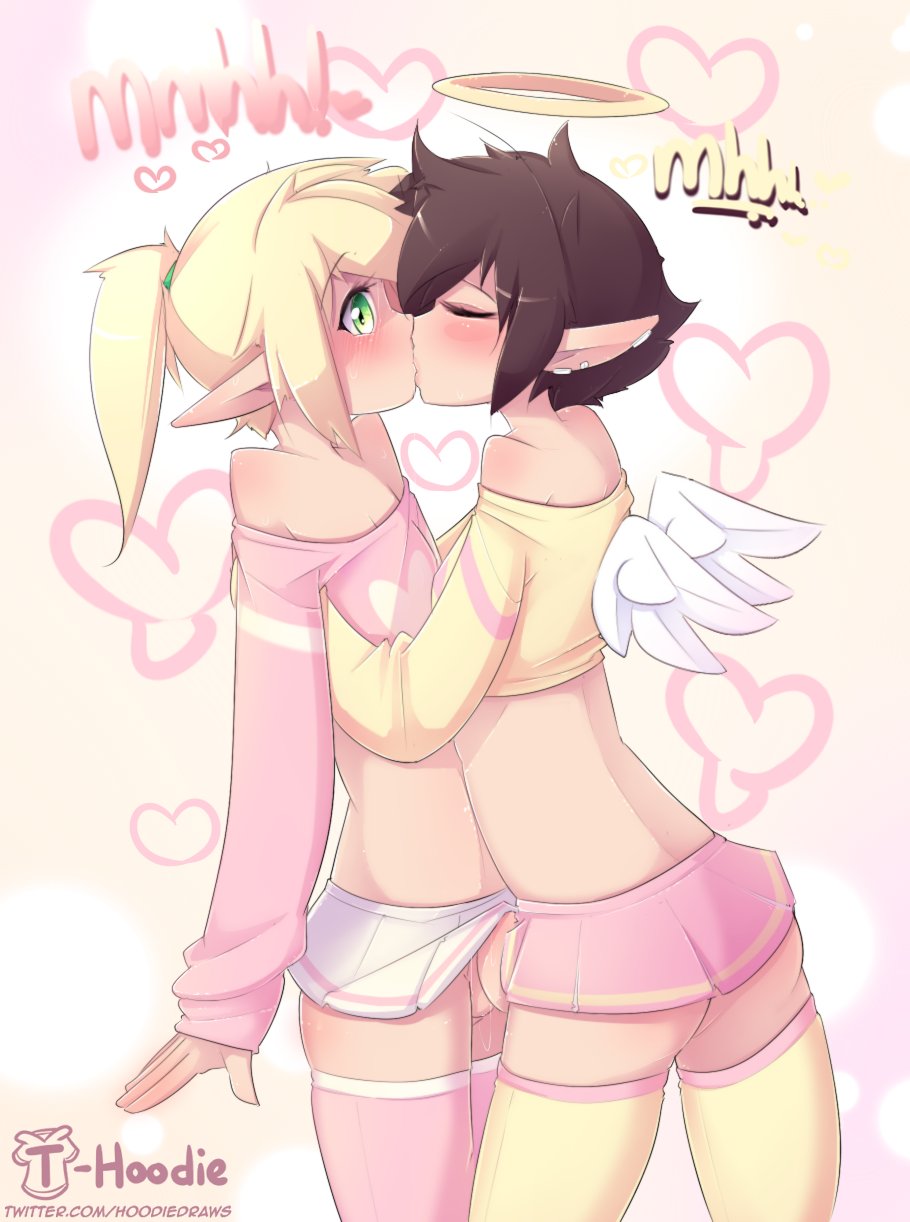 2boys bare_shoulders blonde_hair blush bottomless bottomless_skirt brown_hair bulge closed_eyes clothed clothing femboy frottage gay girly halo hoodie_(artist) kissing male_only max_(hoodie) miniskirt no_panties original original_character penis_under_clothes penis_under_skirt pointy_ears ponytail skirt stockings thighhighs trap trap_on_trap vick_(hoodie) yaoi