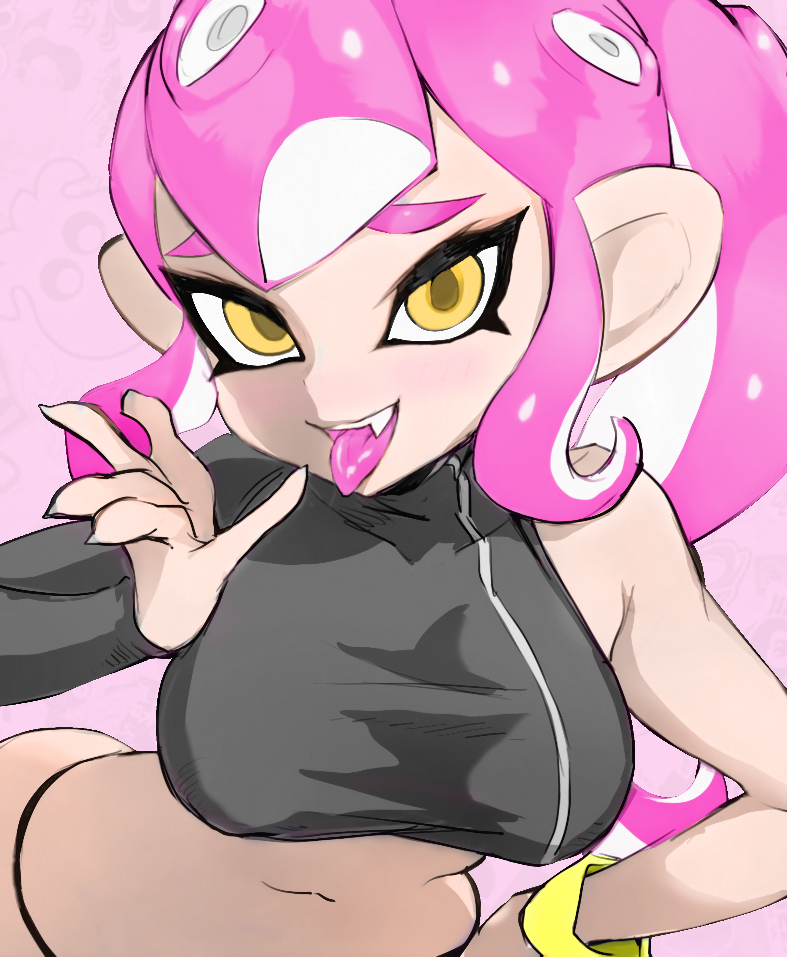 1girls, 2019, bare shoulders, belly, big breasts, breasts, cartoony, crop top, edit, edited, fan character, fangs, female, female only, highres, humanoid, jtveemo, leaning forward, light skin, long hair, looking at viewer, nintendo, nipple bulge, octoling, octoling girl, original character, pink hair, ponytail, seven (jtveemo), smile, solo, splatoon, splatoon (series), splatoon 2, splatoon 2: octo expansion, tentacle hair, thong, tongue, tongue out, wide hips, yellow eyes