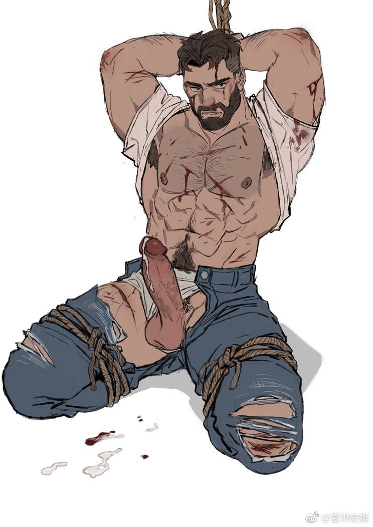 1boy abs arm_hair armpit_hair arms_behind_head bara bare_pecs beard blood bound bound_wrists chest_hair cum cuts dark-skinned_male dark_skin erection facial_hair hairy horikwawataru human injury kneeling large_pectorals leg_hair looking_at_viewer male male_focus male_only male_pubic_hair mature_male muscular muscular_male navel navel_hair nipples original pants penis precum pubic_hair rope shirt_around_neck shirt_lift shirt_pulled_behind_neck short_hair sideburns solo stomach thick_thighs thighs torn_clothes torn_pants uncensored undercut underwear white_underwear