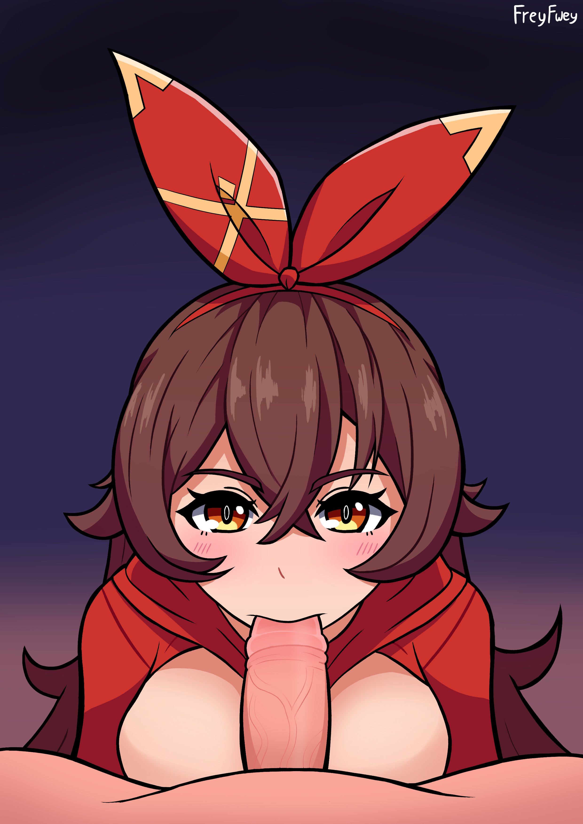 1boy, 1girls, amber (genshin impact), blush, bow, brown hair, clothed female nude male, eye contact, fellatio, female, frey fwey, genshin impact, long hair, looking at viewer, male, male pov, oral, pov
