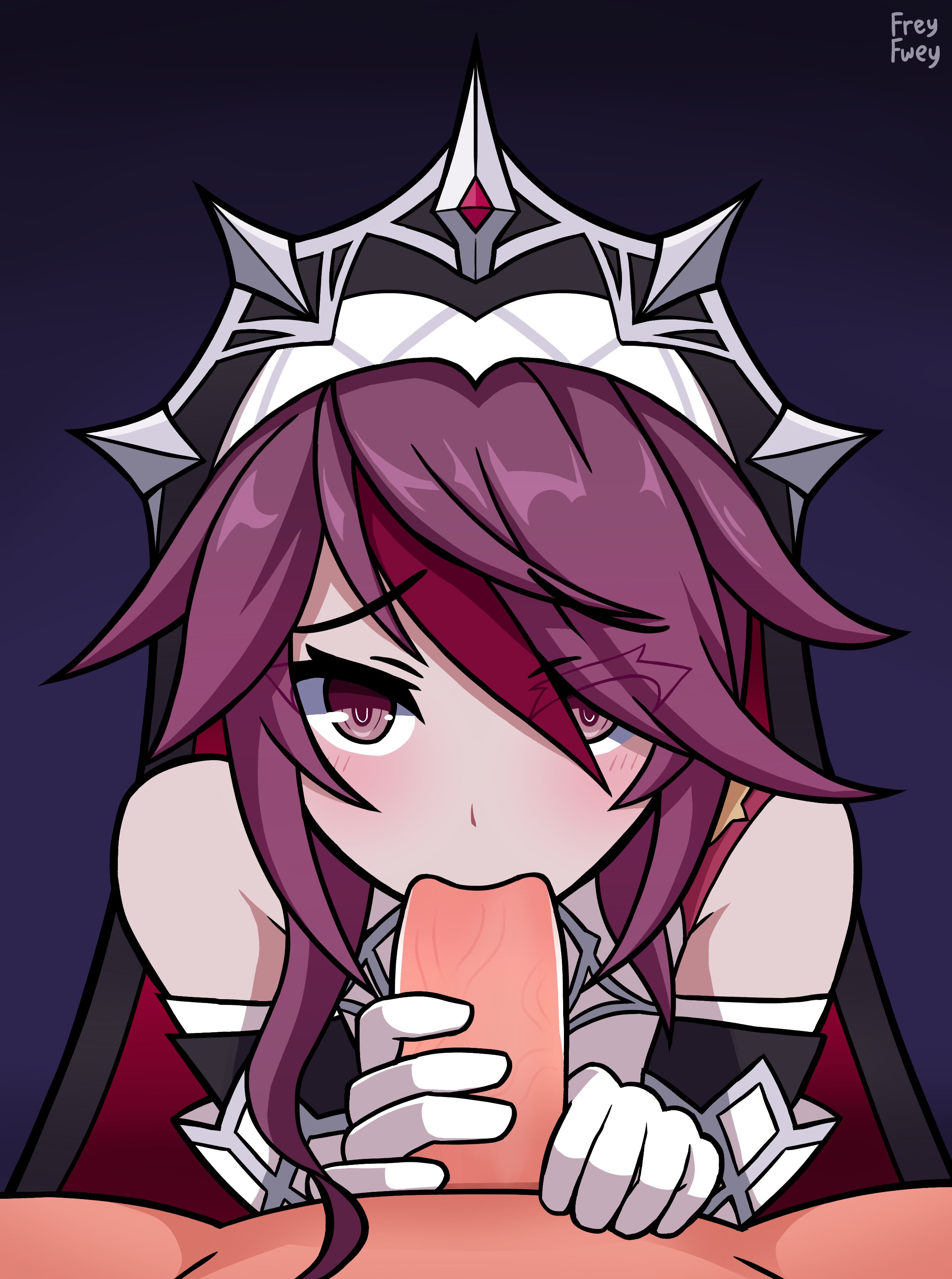 1boy, 1girls, blush, clothed female nude male, eye contact, fellatio, female, frey fwey, genshin impact, hair over one eye, long hair, looking at viewer, male, male pov, nun, oral, pink hair, pov, rosaria (genshin impact)