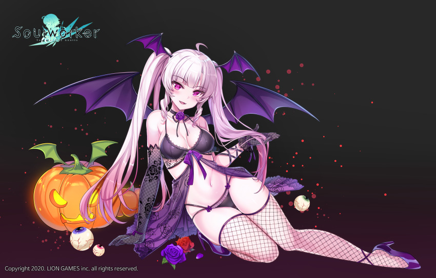 black_bra black_panties head_wings lily_bloomerchen lingerie negligee official_art pink_eyes pink_hair soul_worker succubus succubus_wings wings