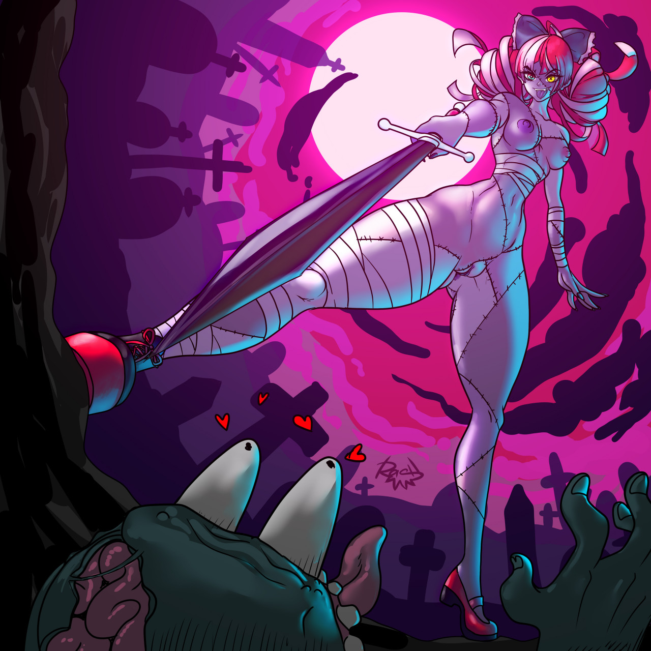 1girls, background, breasts, fang, female, female focus, female only, hololive, hololive indonesia, hololive indonesia holoro, kureiji ollie, nipples, nude, patchwork skin, pussy, rashchaos, smile, sword, tagme, tongue, tongue out, virtual youtuber, zombie