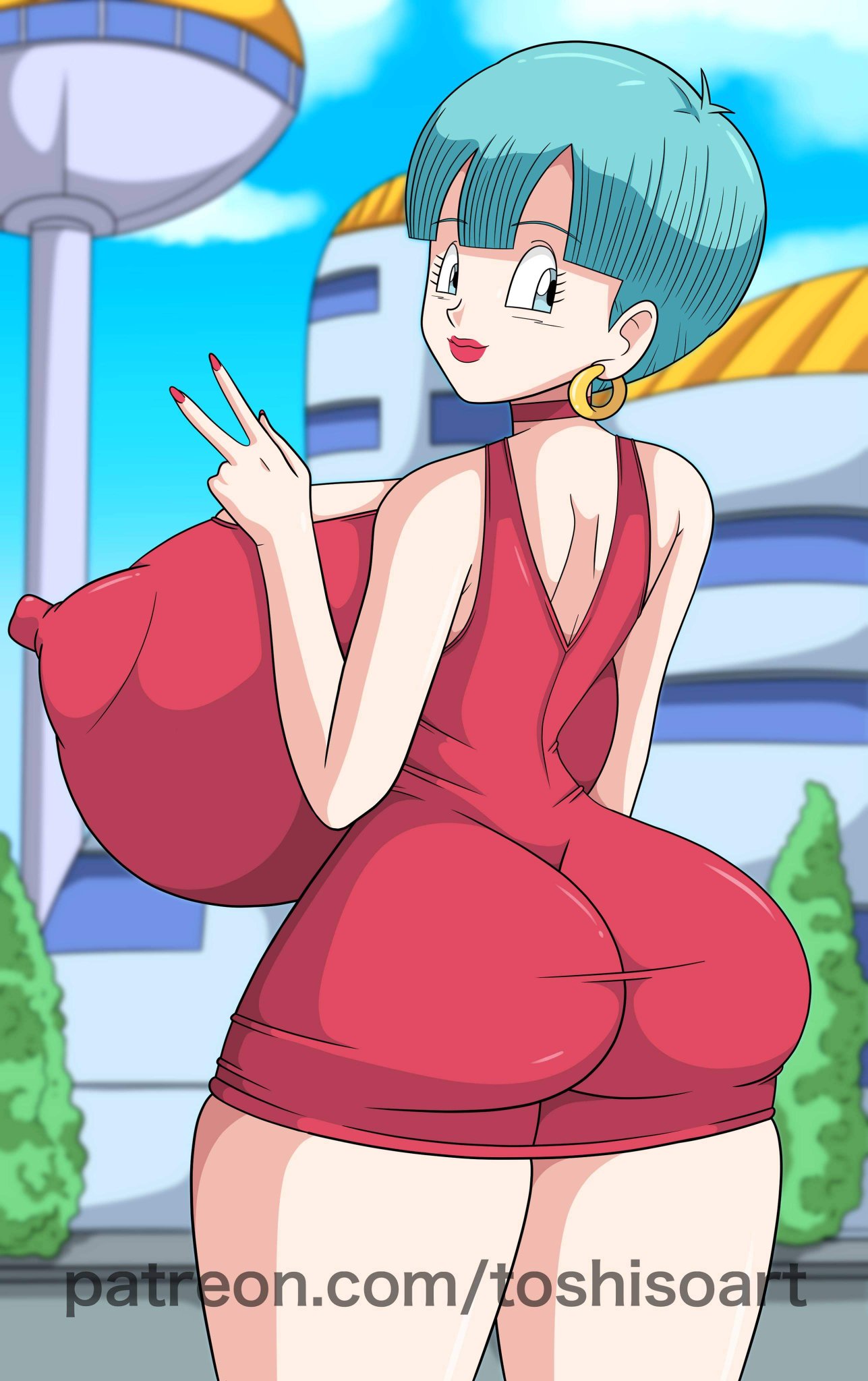 1girls, ass, ass in dress, blue eyes, breasts, bulma briefs, cameltoe, cleavage, curvy, dragon ball, erect nipples, female, gigantic breasts, huge areolae, huge ass, nipples, puffy nipples, pussy, red lips, short hair, shounen jump, thick lips, toshiso, voluptuous, wide hips