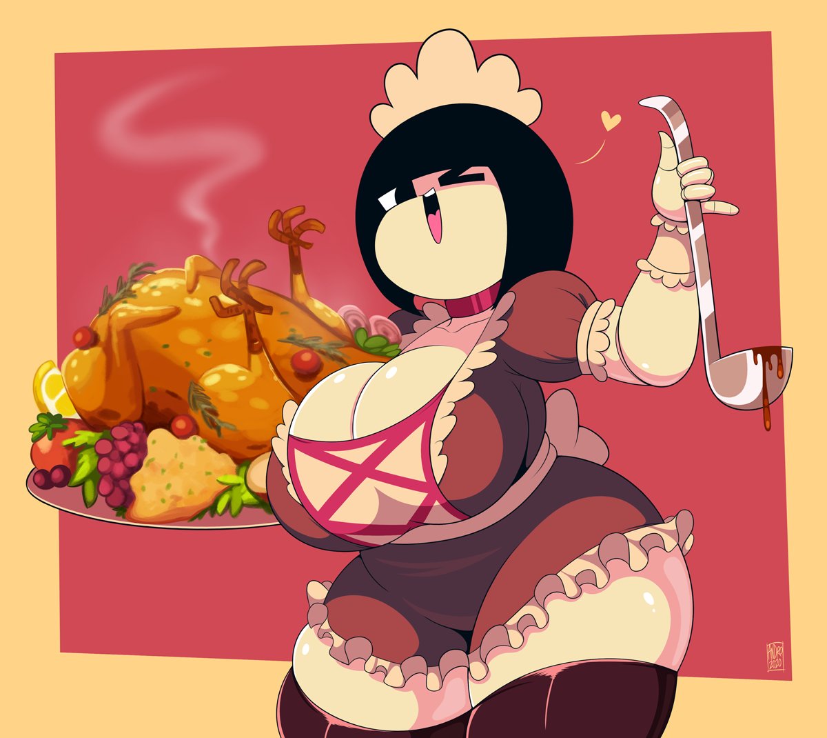 androjuniarto, ass, big ass, big breasts, black eyes, black hair, breasts, female, food, happy, heart, looking at viewer, maid headdress, maid uniform, maidbot (androjuniarto), mob face, serving food, thanksgiving, wide hips, wink