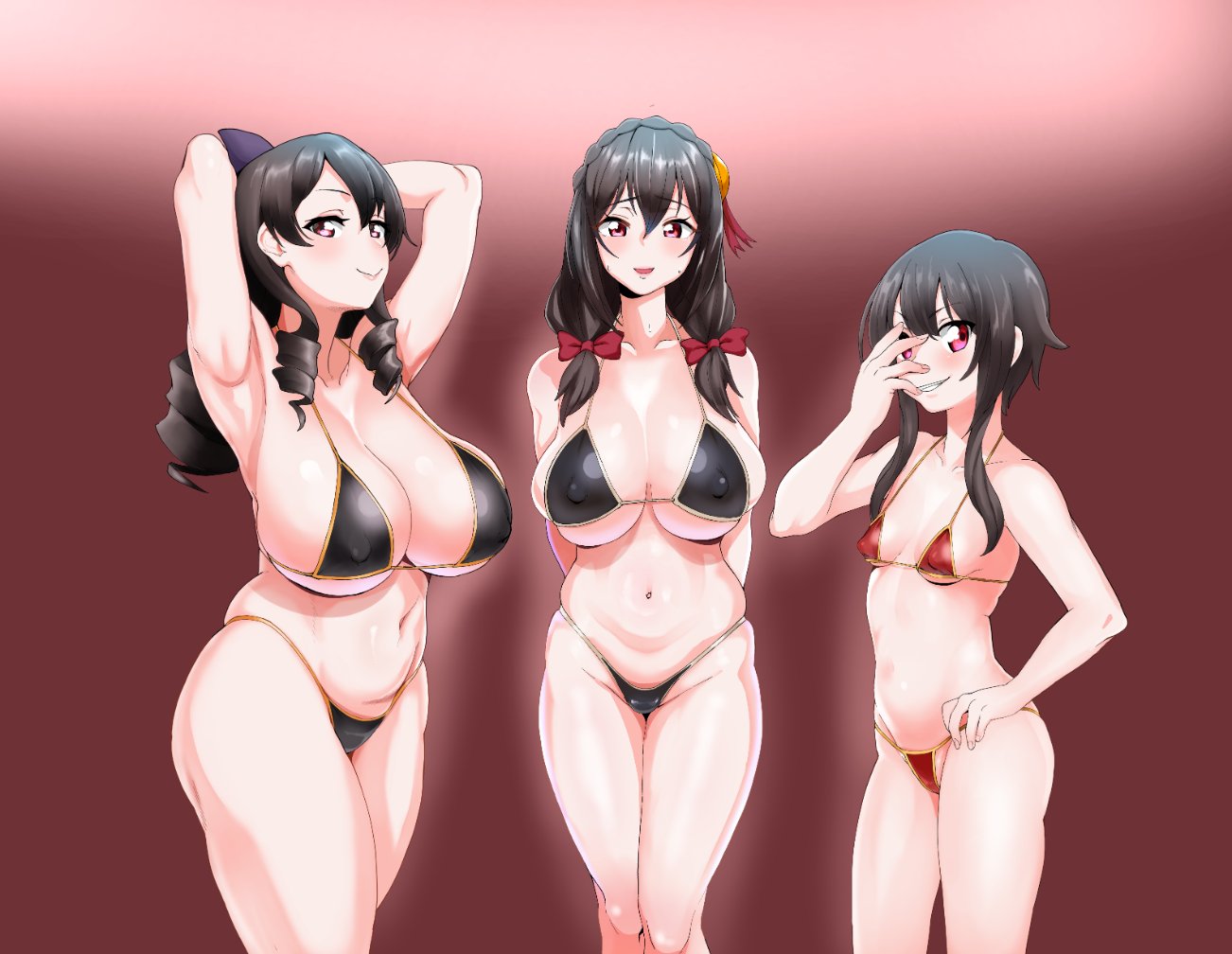 3girls armpits arms_behind_head arue_(konosuba) bikini black_hair blush hair_ornament kono_subarashii_sekai_ni_shukufuku_wo! large_breasts looking_at_viewer megumin morisoba_(silent_hill) multiple_girls simple_background small_breasts smiling voluptuous yunyun_(konosuba)