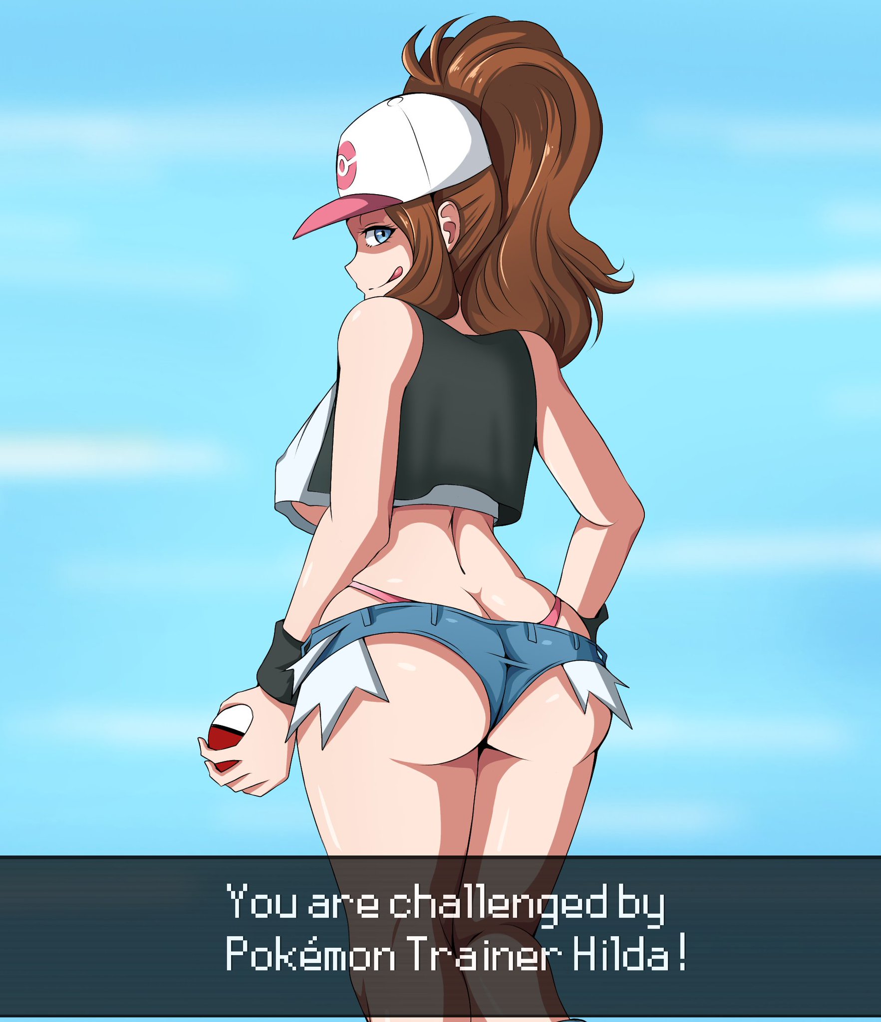 1girls, ass, ass hanging out of shorts, big ass, booty shorts, brown hair, colored, exposed ass, exposed panties, female, female only, hilda (pokemon), licking lips, looking at viewer, looking back, naver, pokemon, pokemon (game), pokemon bw, ponytail, seductive look, short shorts, shorts, simple background, text, thong