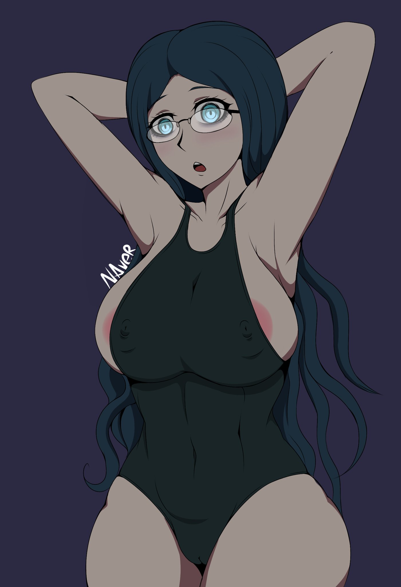 big breasts, blue hair, breasts, busty, busty female, colored, curvaceous, curvy, curvy body, curvy female, curvy figure, curvy hips, danganronpa, danganronpa (series), danganronpa v3, exposed nipples, female, glasses, hands behind head, hourglass figure, huge breasts, large breasts, long hair, looking at viewer, naver, nipple bulge, nipples visible through clothing, shirogane tsumugi, simple background, straight hair, thick thighs, tight fit, voluptuous, voluptuous female, wide hips
