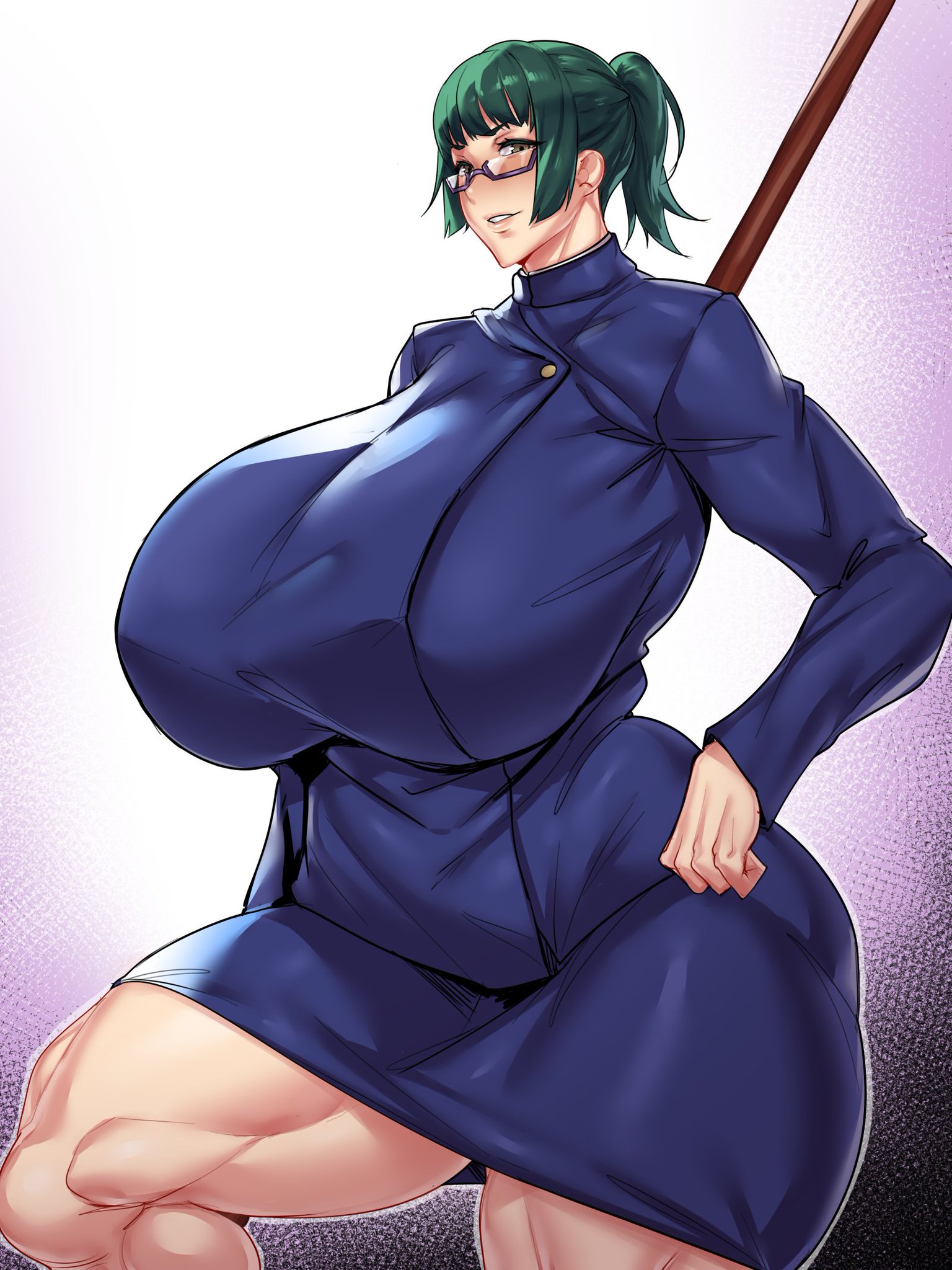 1girls, alternate breast size, big breasts, breasts, busty, curvy, female, female only, glasses, green hair, huge breasts, jujutsu kaisen, looking at viewer, mature female, muscular, muscular female, muscular thighs, natedecock, ponytail, school uniform, solo, solo female, thick thighs, venus body, voluptuous, wide hips, zenin maki