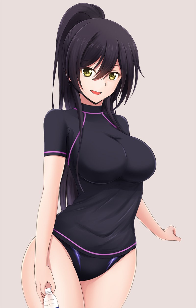 1girls, bare thighs, black hair, black panties, breasts, curvy, female, female only, hips, idolmaster, idolmaster shiny colors, long hair, nagifuma, narrow shoulders, no pants, panties, ponytail, shirase sakuya, smile, solo, t-shirt, thighs, thin arms, yellow eyes