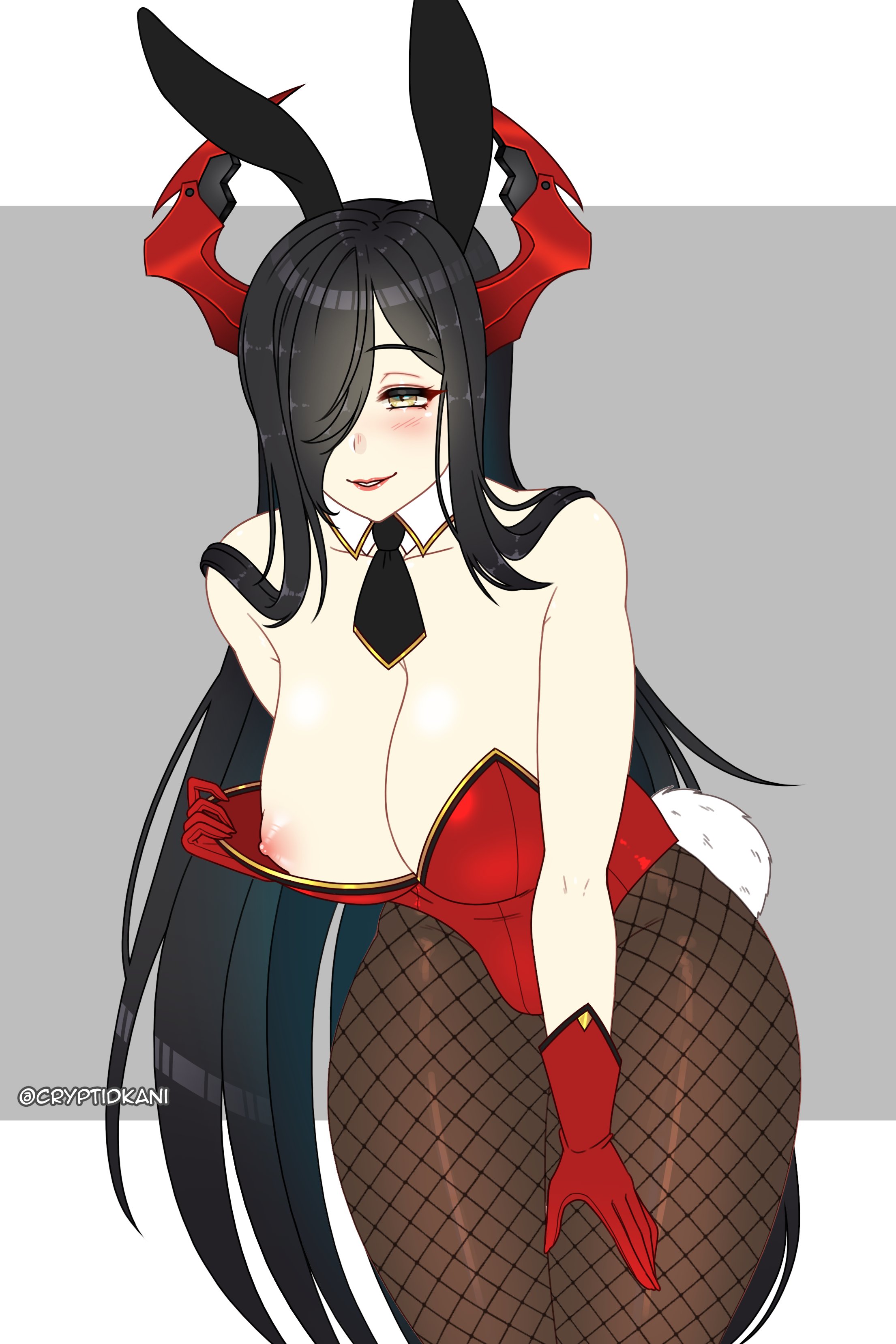 1girls, azur lane, bare shoulders, big breasts, black hair, breasts, bunny ears, bunny girl, bunnysuit, cleavage, cryptid crab, female, fishnet legwear, fishnets, flashing, friedrich der grosse (azur lane), gloves, hair over one eye, large breasts, lipstick, long hair, nipples, presenting breasts, red lipstick, smile, solo, solo female, teasing, thick thighs, undressing, very long hair, yellow eyes