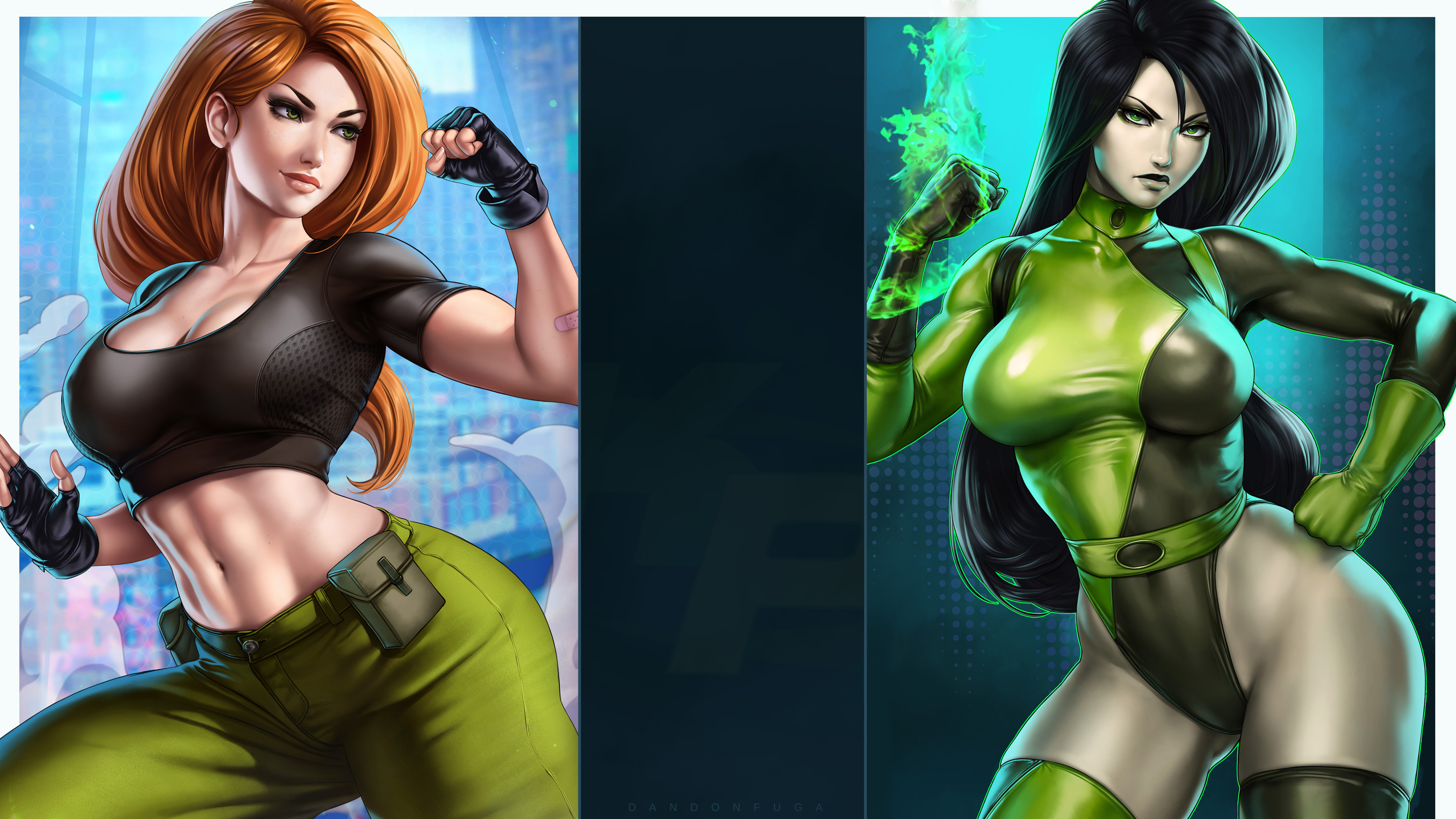 2girls, abs, action pose, aged up, big breasts, black hair, breasts, child bearing hips, clothed, clothing, dandon fuga, disney, female, female focus, female only, fingerless gloves, ginger hair, gloves, green eyes, green skin, hips, kim possible, kimberly ann possible, large breasts, leotard, long hair, looking at viewer, mature, mature female, pants, shego, smile, thick thighs, thighhighs, thighs, tight clothes, tight clothing, tight fit, tight leotard, toned, toned female