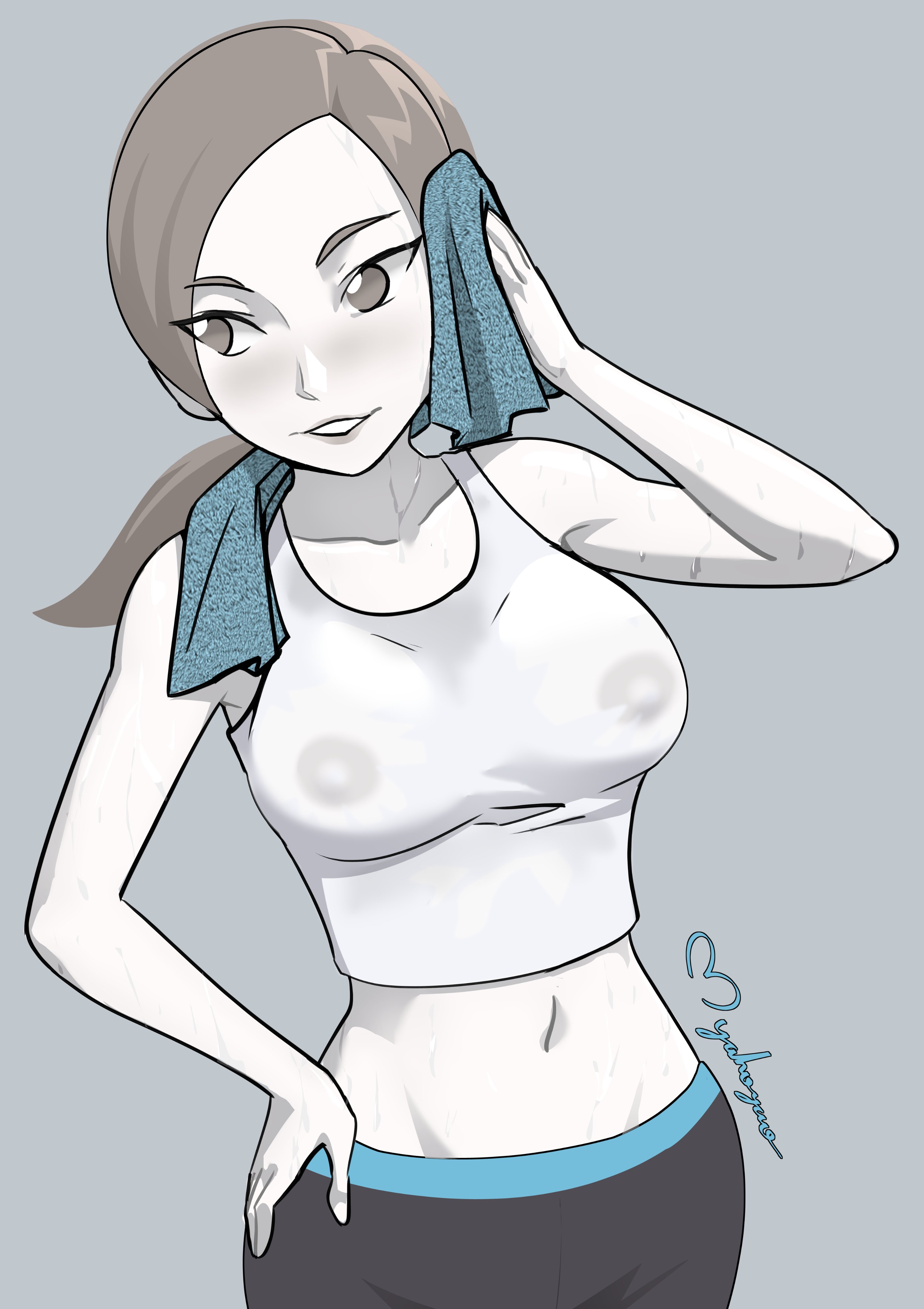 1girls, areolae, blush, female, grey background, grey eyes, grey hair, maho malice, myahogao, nintendo, nipples, nipples visible through clothing, ponytail, see-through clothing, short hair, smile, solo, sweat, tank top, towel, white skin, wii fit, wii fit trainer, wii fit trainer (female), yoga pants