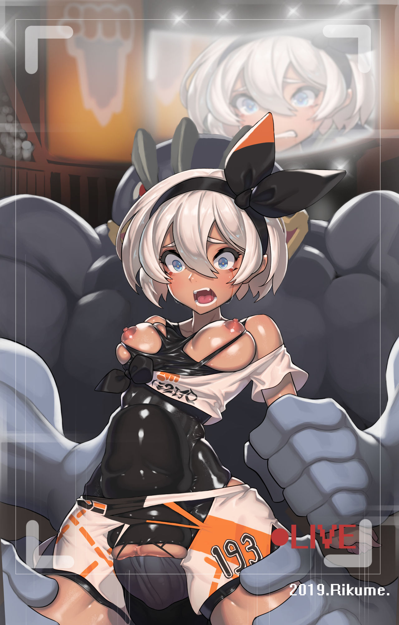 audience, bea (pokemon), breasts, breasts out, crying, crying with eyes open, deep penetration, defeated, female, huge cock, large penis, male, medium breasts, nipples, open mouth, penis, pokemon, pokemon (species), pokemon ss, pussy, rape, rikume, screaming, sex, stomach bulge, tears, torn clothes, vaginal penetration
