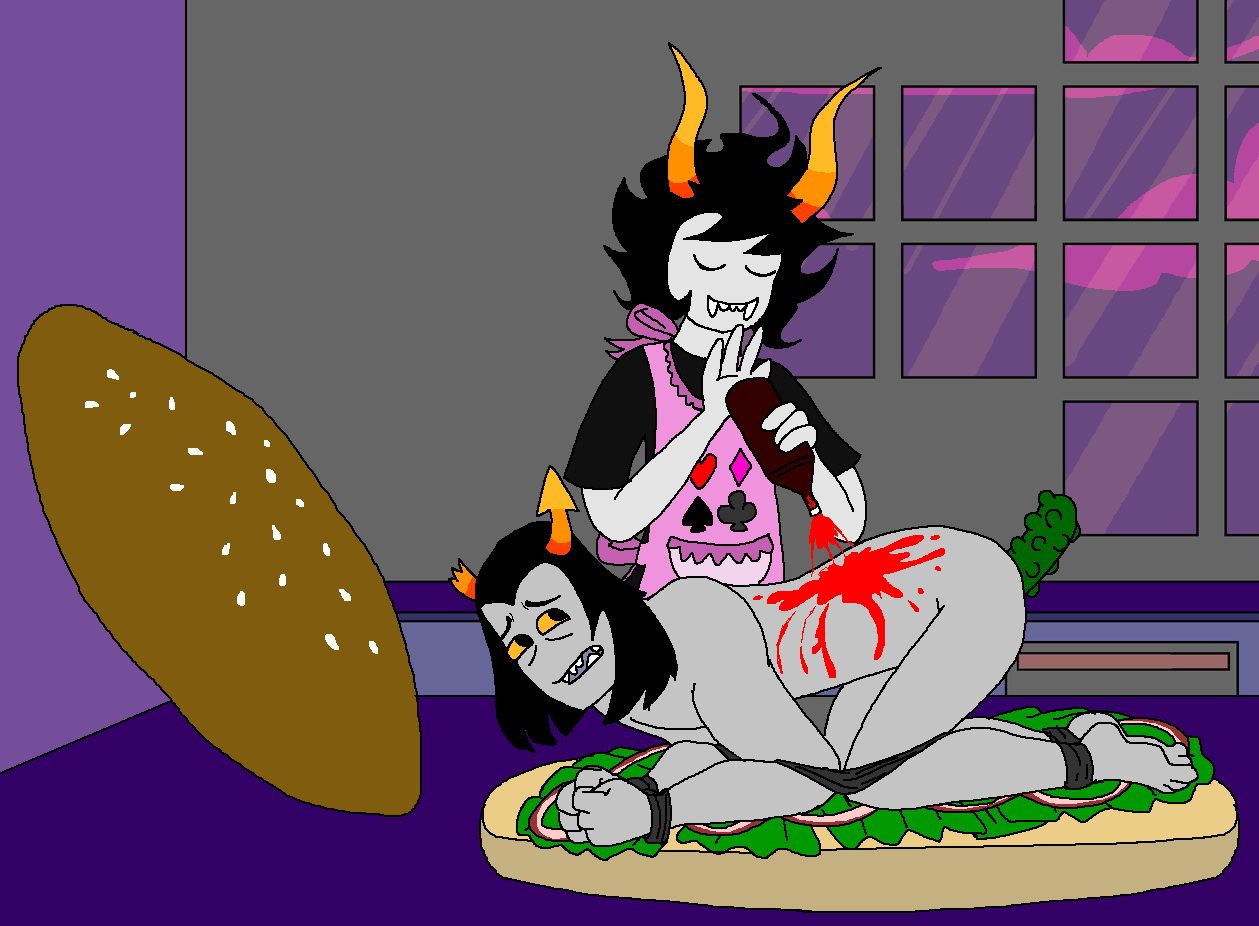 2boys anal_penetration apron ass black_hair bondage cannibalism closed_eyes clothing cooking equius_zahhak food gamzee_makara gay grey_skin homestuck horns ketchup kitchen male ms_paint_adventures naked open_mouth sandwich sharp_teeth short_hair troll yellow_eyes