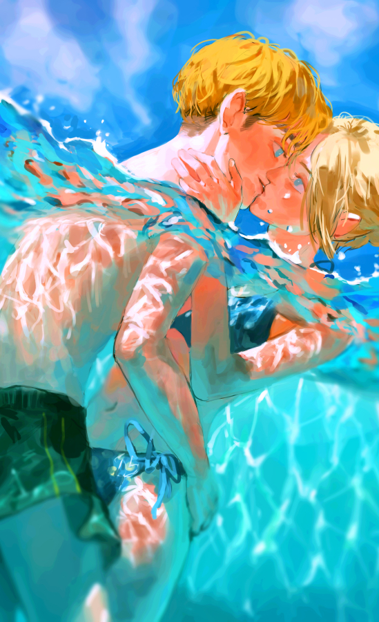 1boy, 1girls, annie leonhardt, armin arlert, attack on titan, bikini, blonde hair, blue eyes, blush, cute, eye contact, female, hug, kissing, looking at another, male, shingeki no kyojin, swimsuit, water, wholesome