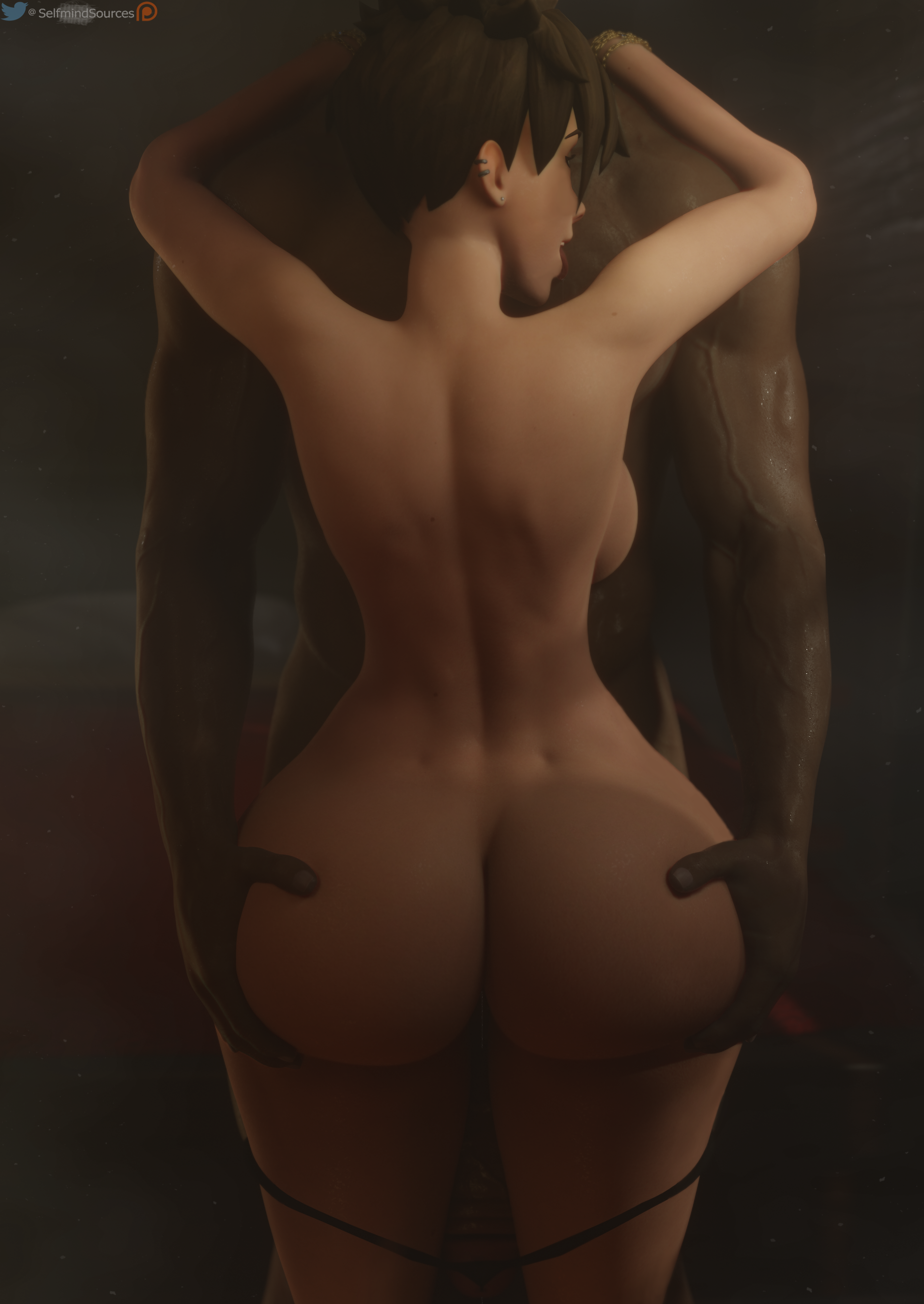 1boy, 1girls, 3d, alternate ass size, ass, ass crack, ass grab, backboob, bed, bedroom, big ass, big penis, blender, blizzard entertainment, bracelet, bracelets, breasts, brown hair, butt crack, dimples of venus, dripping, dripping pussy, earring, earrings, female, grabbing, grabbing ass, grope, groping, hips, holding, huge cock, inside, legs, light skin, light-skinned female, light-skinned male, long penis, looking to the side, male, muscles, muscular, muscular male, naked, nude, overwatch, panties, panties around leg, panties down, penis, piercing, pussy, round ass, selfmindsources, short hair, standing, sweat, thick, thick ass, thick thighs, thighs, thong, toned, tongue, tongue out, tracer, vein, wide hips