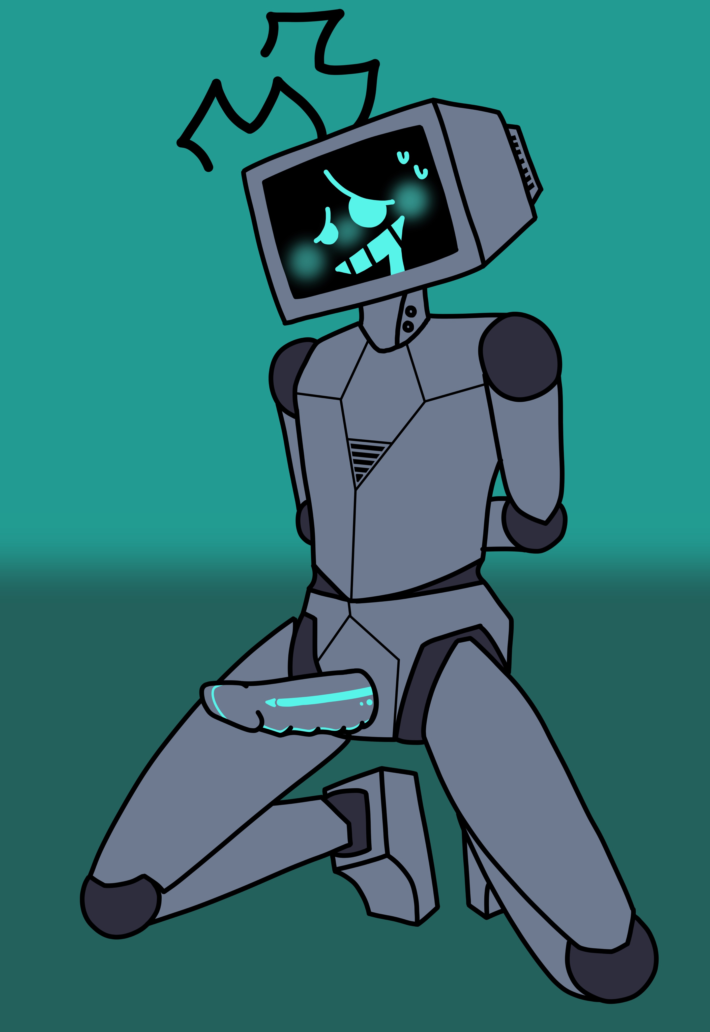 antennae, arms behind back, blush, drooling, friday night funkin, hex (yingyang48), kneeling, male, male only, objectentadixx, robot, screen face, sweat, tv head