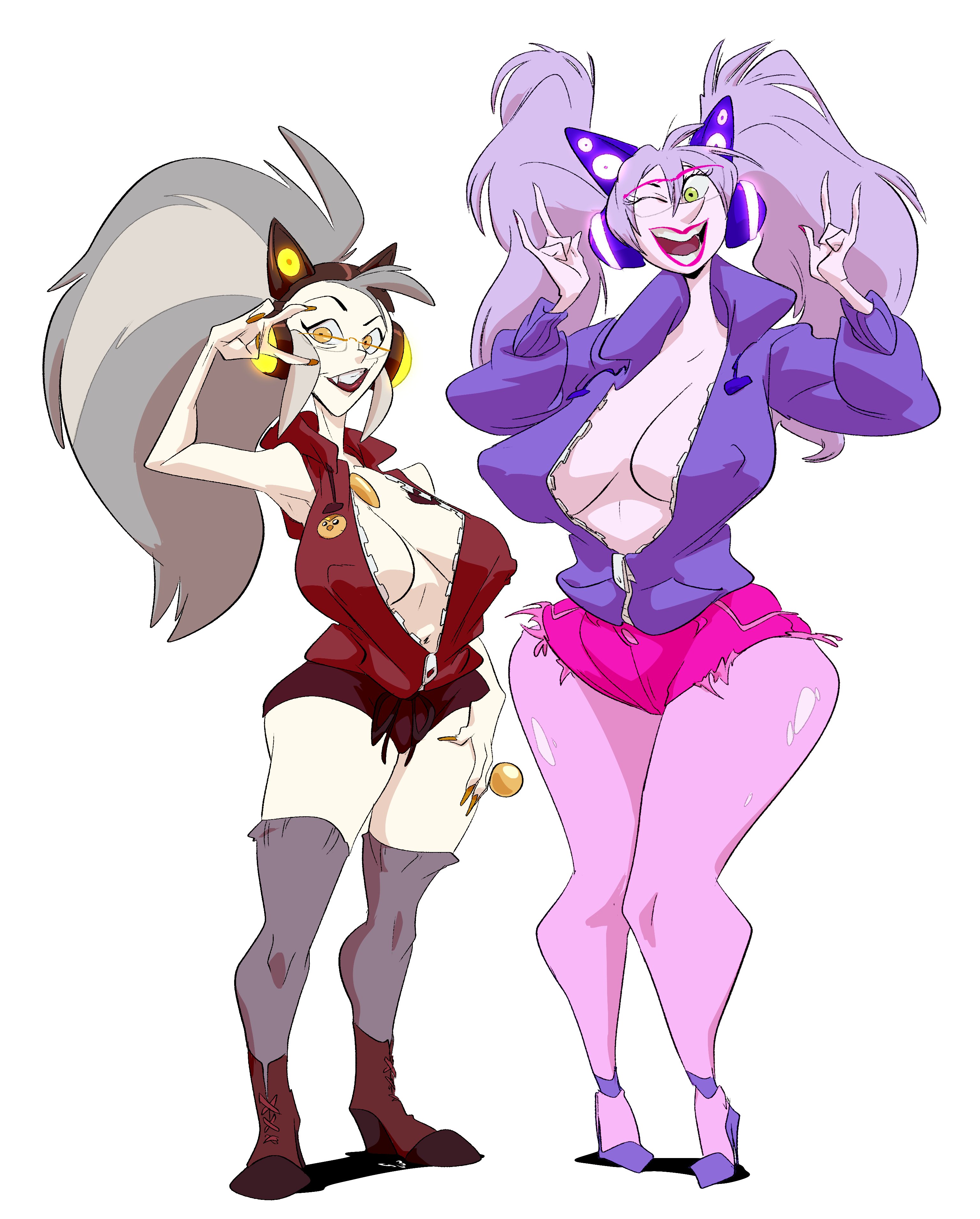 2girls, big breasts, breasts, busty, curvy, disney, disney channel, disney villains, eda clawthorne, female, grey hair, headphones, hips, huge breasts, leggings, madam mim, milf, multiple females, multiple girls, purple body, purple hair, slb, straight hair, the owl house, the sword in the stone, thick thighs, white background, wide hips, witch