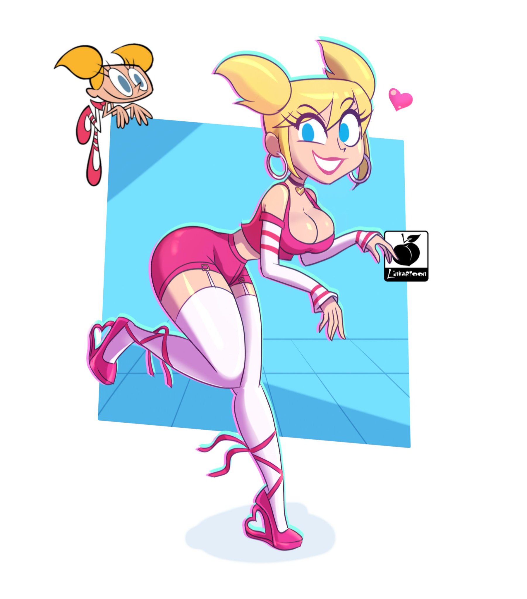 1girls, aged up, artist name, blonde hair, blue eyes, breasts, busty, cartoon network, cleavage, clothing, dee dee (dexter's laboratory), dexter's laboratory, eyelashes, female, high heels, hips, hourglass figure, legs, light skin, light-skinned female, linkartoon, lips, lipstick, looking at viewer, shoes, smile, socks, thigh highs, thighhighs, thighs, twintails, upper body, very high heels, voluptuous, watermark, wide hips
