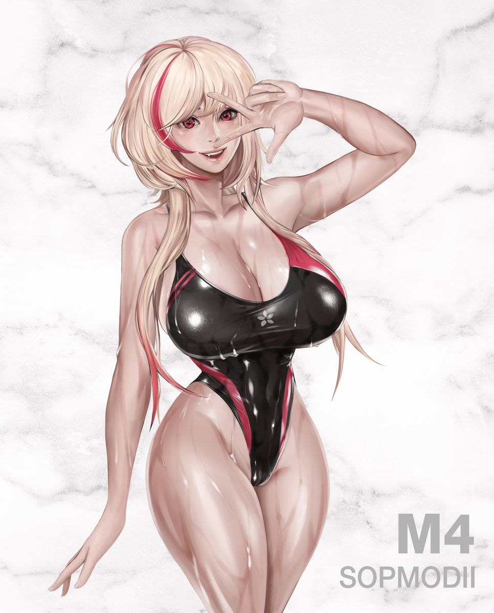 alternate_breast_size gcg girls'_frontline huge_breasts m4_sopmod_ii_(girls'_frontline) one-piece_swimsuit swimsuit thick_thighs thighs wet_skin