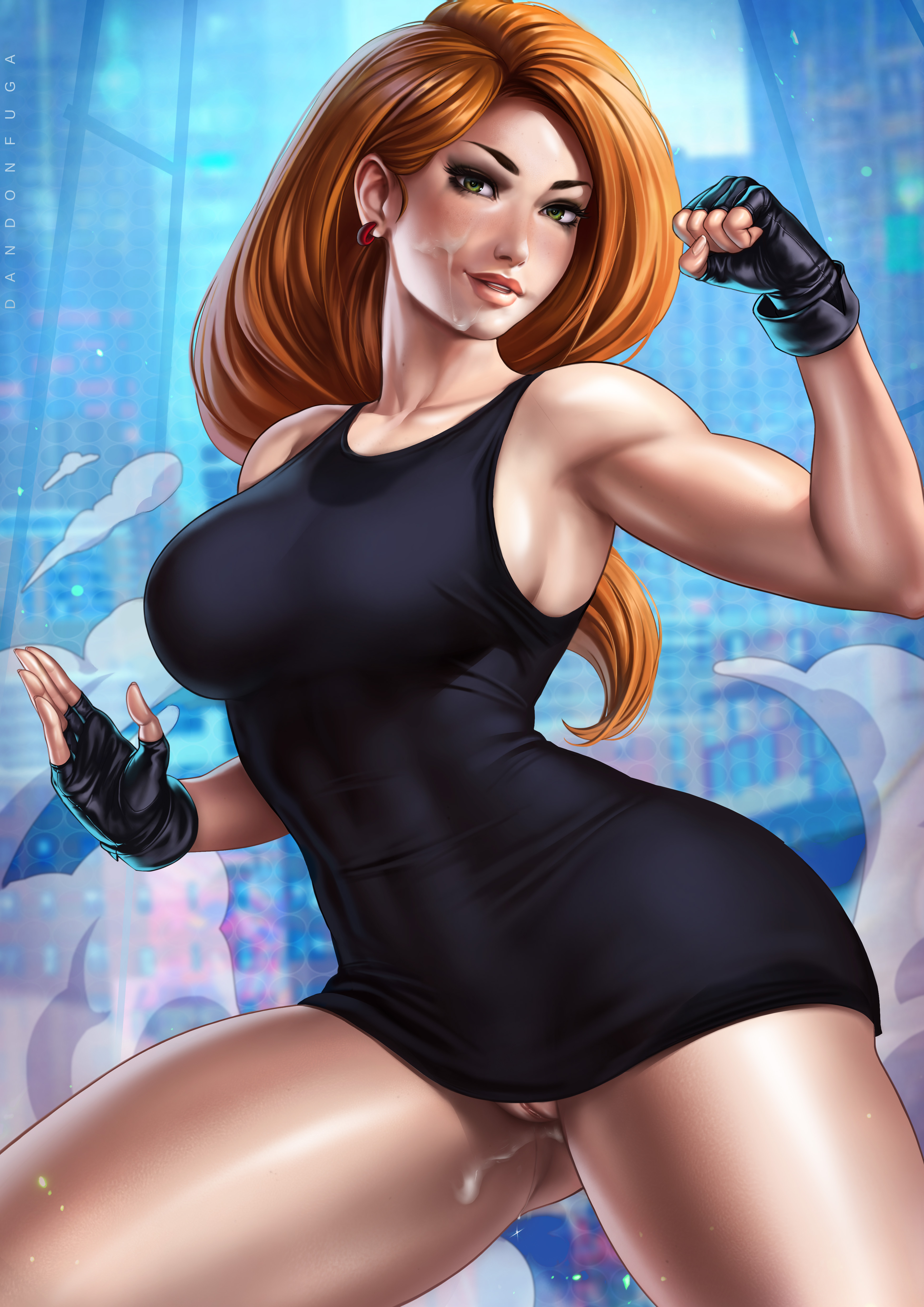 1girls, action pose, aged up, big breasts, black dress, bottomless, bottomless female, breasts, child bearing hips, cleavage, clothed, clothing, cum, cum drip, cum dripping, cum in pussy, cum inside, cum on face, cumdrip, dandon fuga, disney, dress, earring, female, female focus, female only, fingerless gloves, ginger hair, gloves, green eyes, hips, kim possible, kimberly ann possible, large breasts, long hair, looking at viewer, minidress, pencil dress, pussy, smile, solo, solo female, solo focus, thick cum, thick thighs, thighs, tight dress, toned, toned female