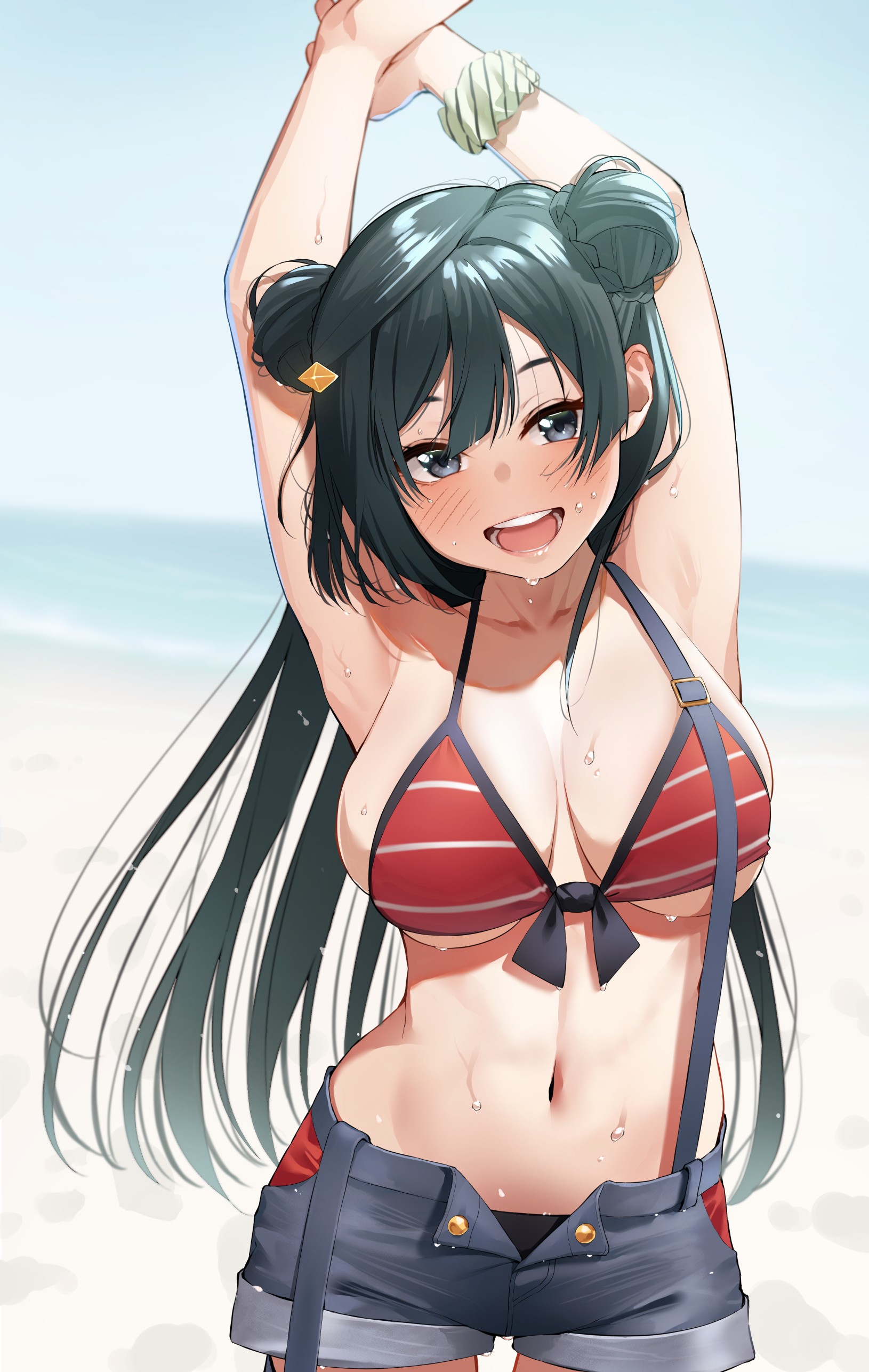 1girls, beach, blush, braided bun, breasts, double bun, female, female only, hair bun, hair buns, hair ornament, igarashi kyouhei, large breasts, long hair, love live!, love live! nijigasaki high school idol club, navel, short shorts, solo, suspenders, sweat, sweatdrop, swimsuit, yuuki setsuna (love live!)