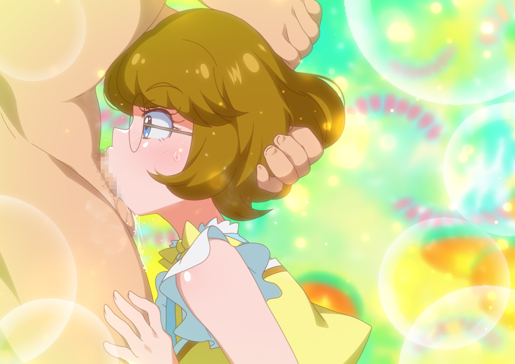 1boy blue_eyes brown_hair censored clothed_female_nude_male clothing deepthroat eyebrows_visible_through_hair fat_man fellatio female glasses hand_on_another's_head hand_on_head ichinose_minori jcm2 male mosaic_censoring nude oral precure pretty_cure short_hair solo_focus straight tropical-rouge!_precure upper_body